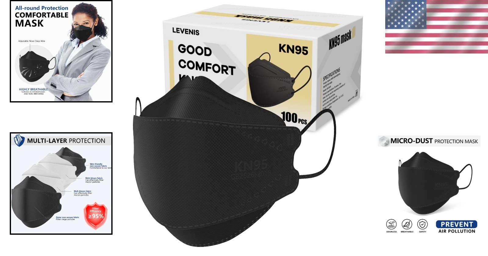 Lightweight KN95 Face Masks 100 Pack Skin Friendly Black for Everyday Protection