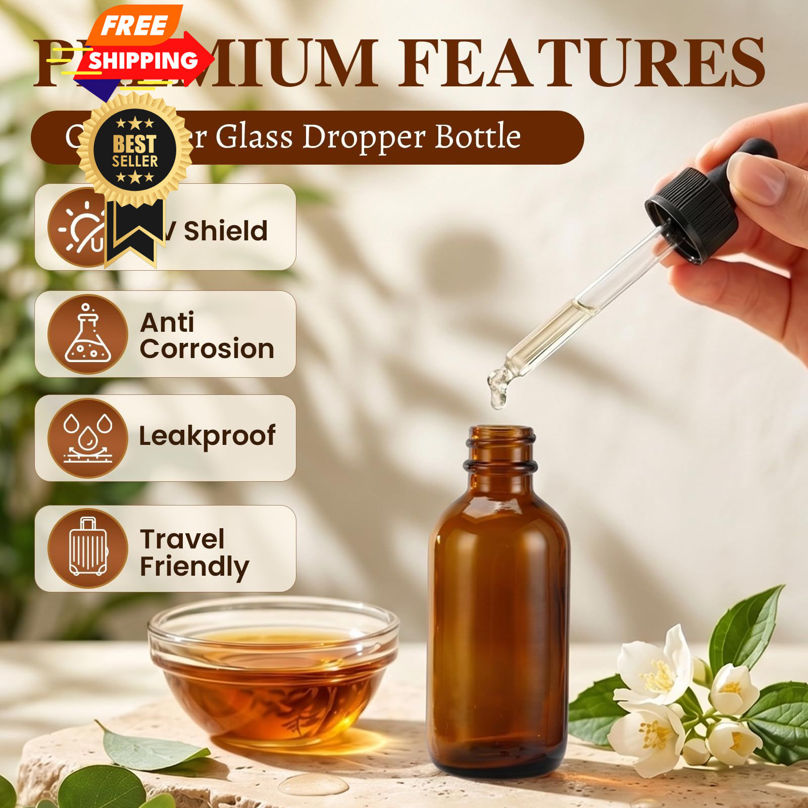skaqwuan 2 oz Glass Dropper Bottles with 3 Stainless Steel Funnels & 12 amber