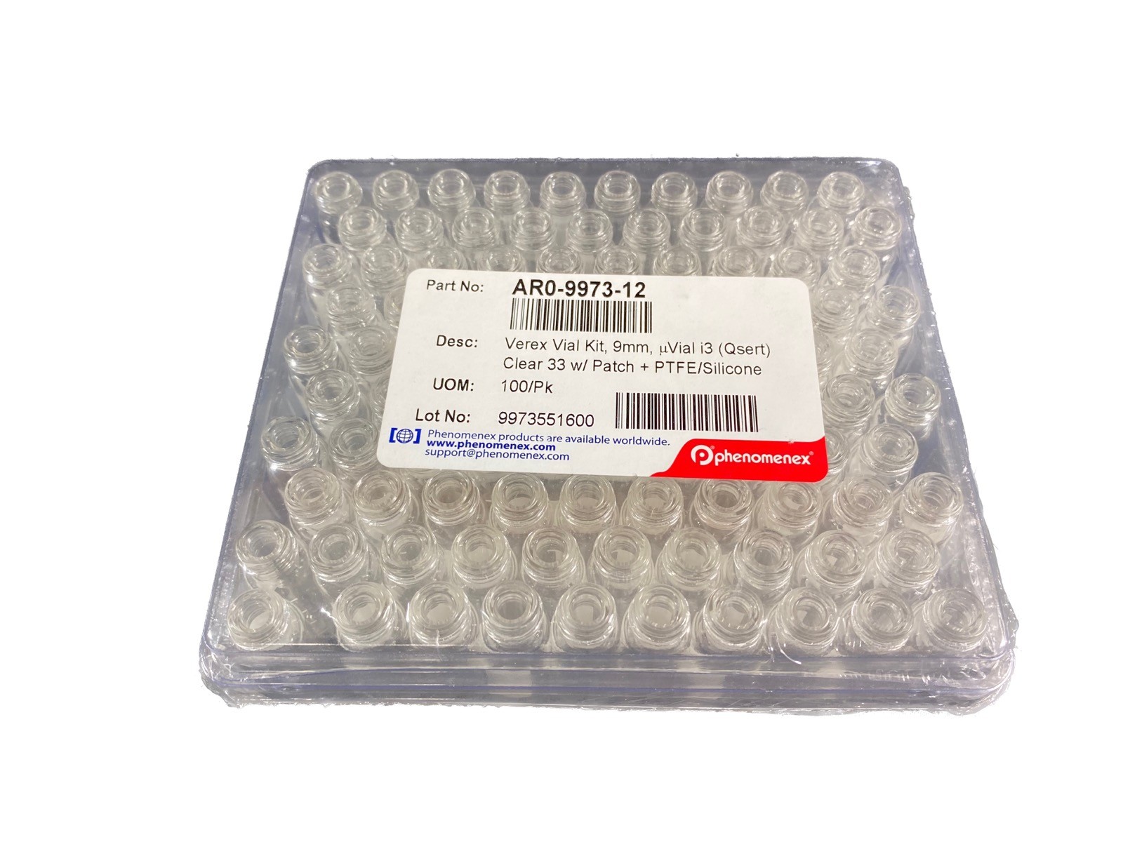 PHENOMENEX Verex Vial Kit 9mm uVial i3 Qsert Patch PTFE/Silicone (100/cs)