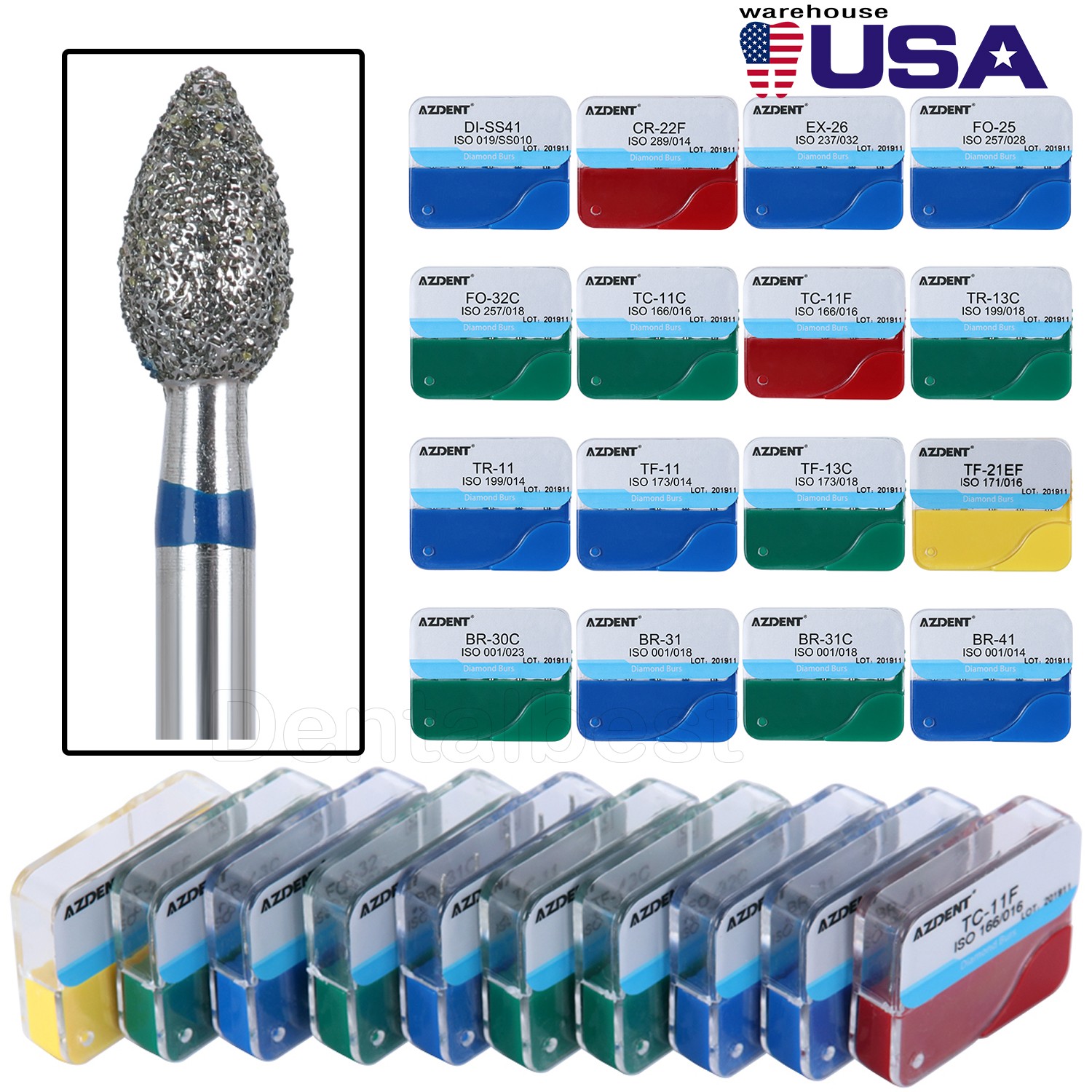 200pcs AZDENT Dental Diamond Burs Medium FG 1.6MM F High Speed Handpiece 20Types