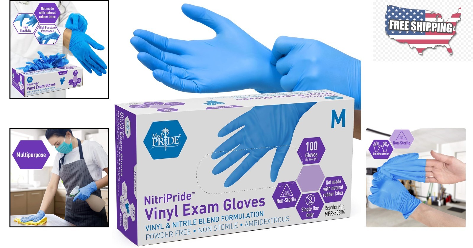 Ambidextrous Waterproof Nitrile/Vinyl Gloves – Medium, Box of 100, Powder-Free