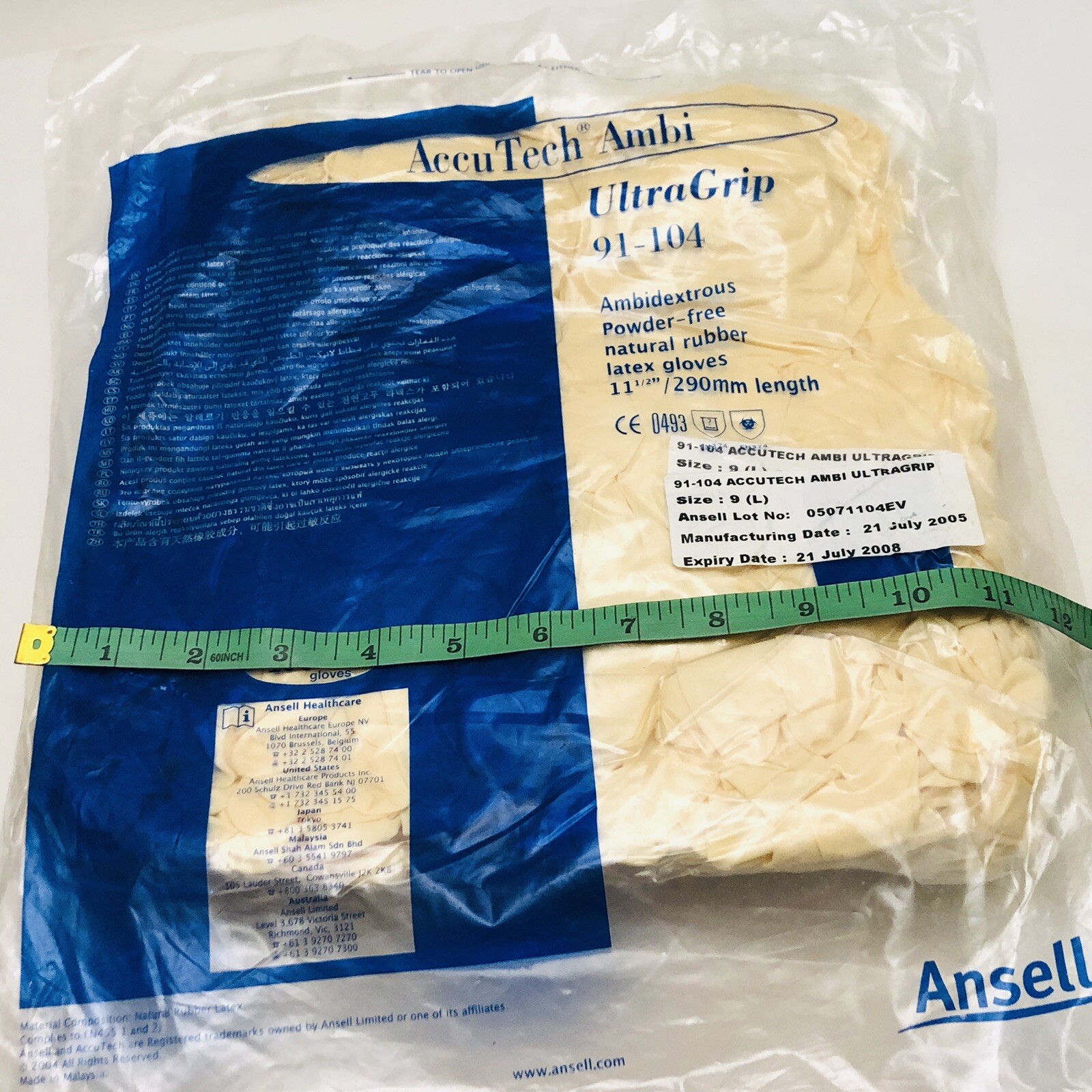 Ansell Ambidextrous Natural Rubber Latex Gloves Large UltraGrip 11.5″ Long