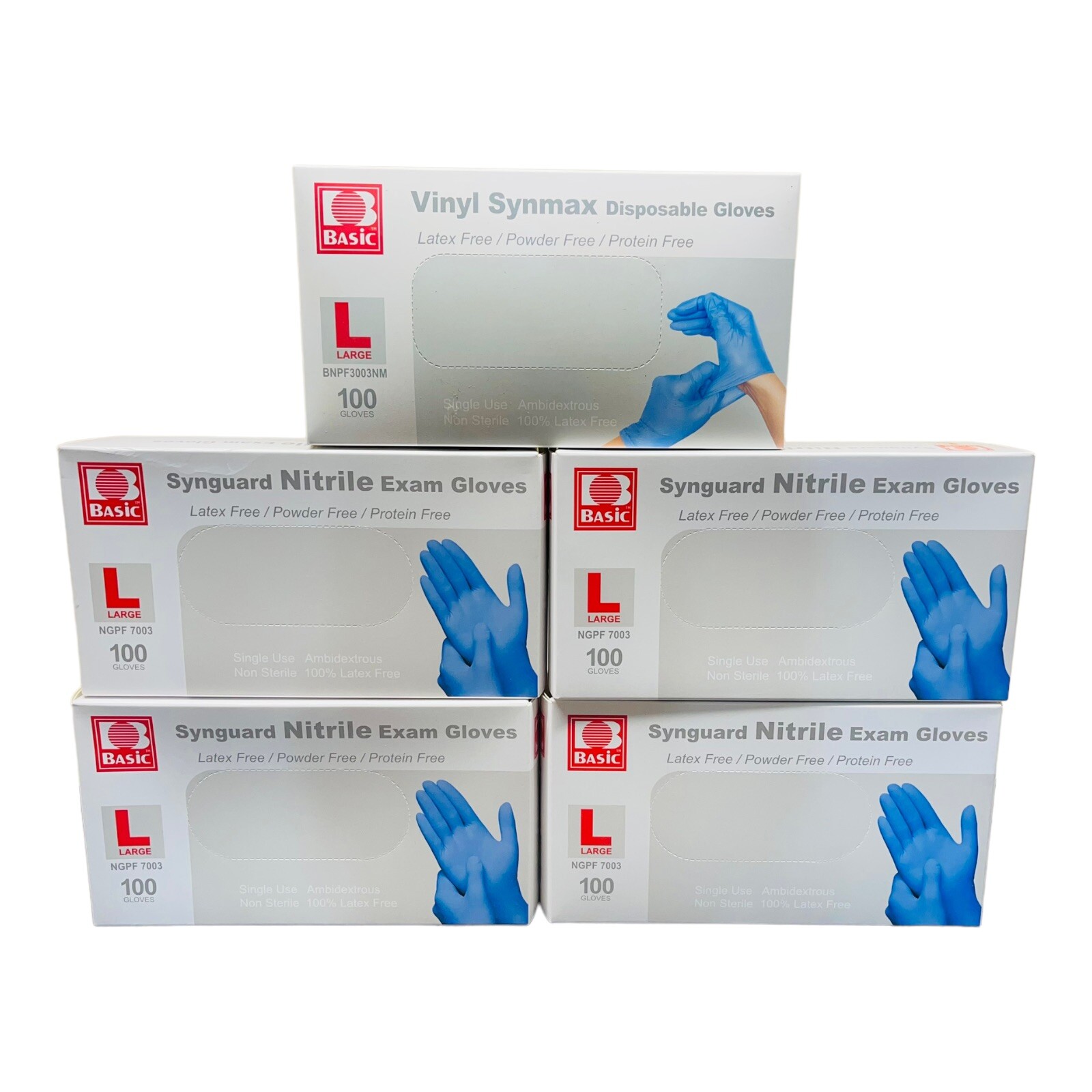 Lot Of 5 BASiC Medical Nitrile Exam Gloves – Latex & Powder-Free – Box of 100 L