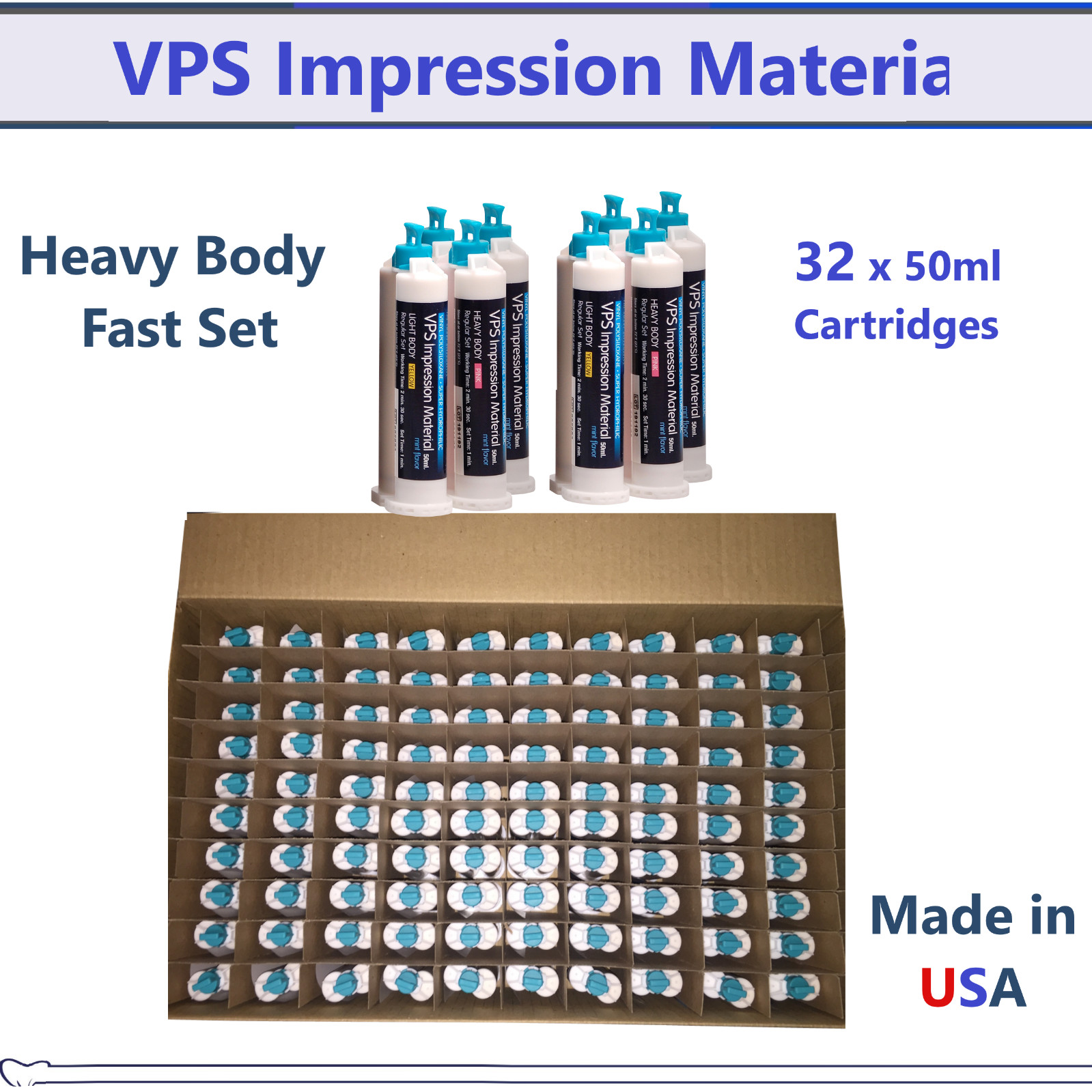 Dental Impression Material, VPS Heavy Body, Regular Set, 32 x 50ml Cartidges USA