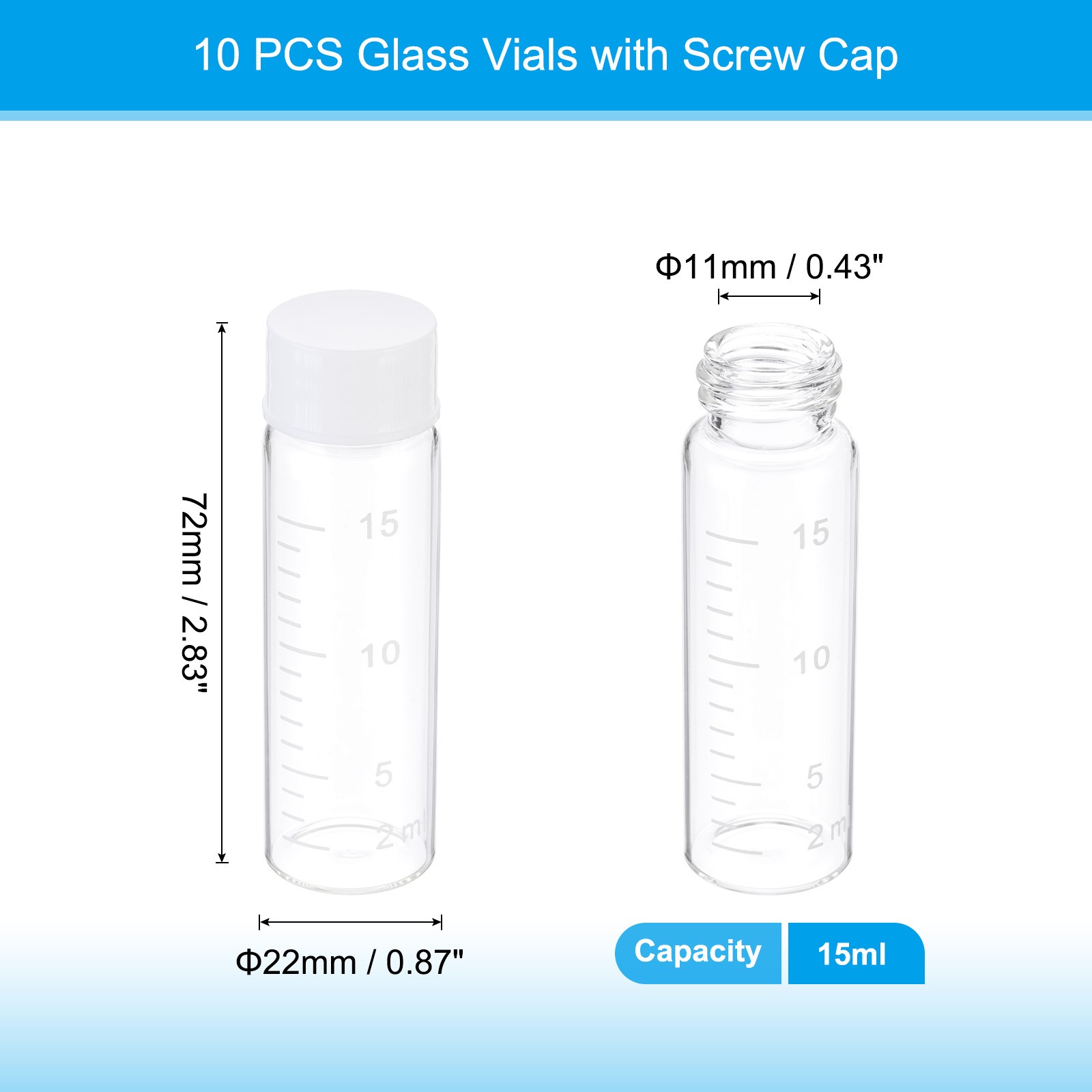 10pcs 15ml Small Clear Glass Vials with White Screw Cap Glass Graduated