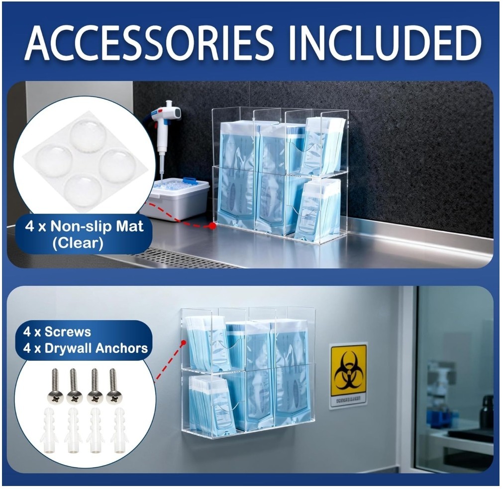 Sterilization Pouch Organizer –4-Compartment Acrylic Dispenser Holder,Wall Mount