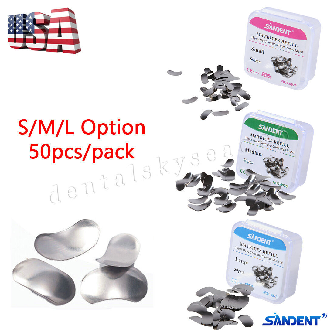 50Pcs Dental Matrices Bands Sectional Contoured Metal Matrix bands S/M/L