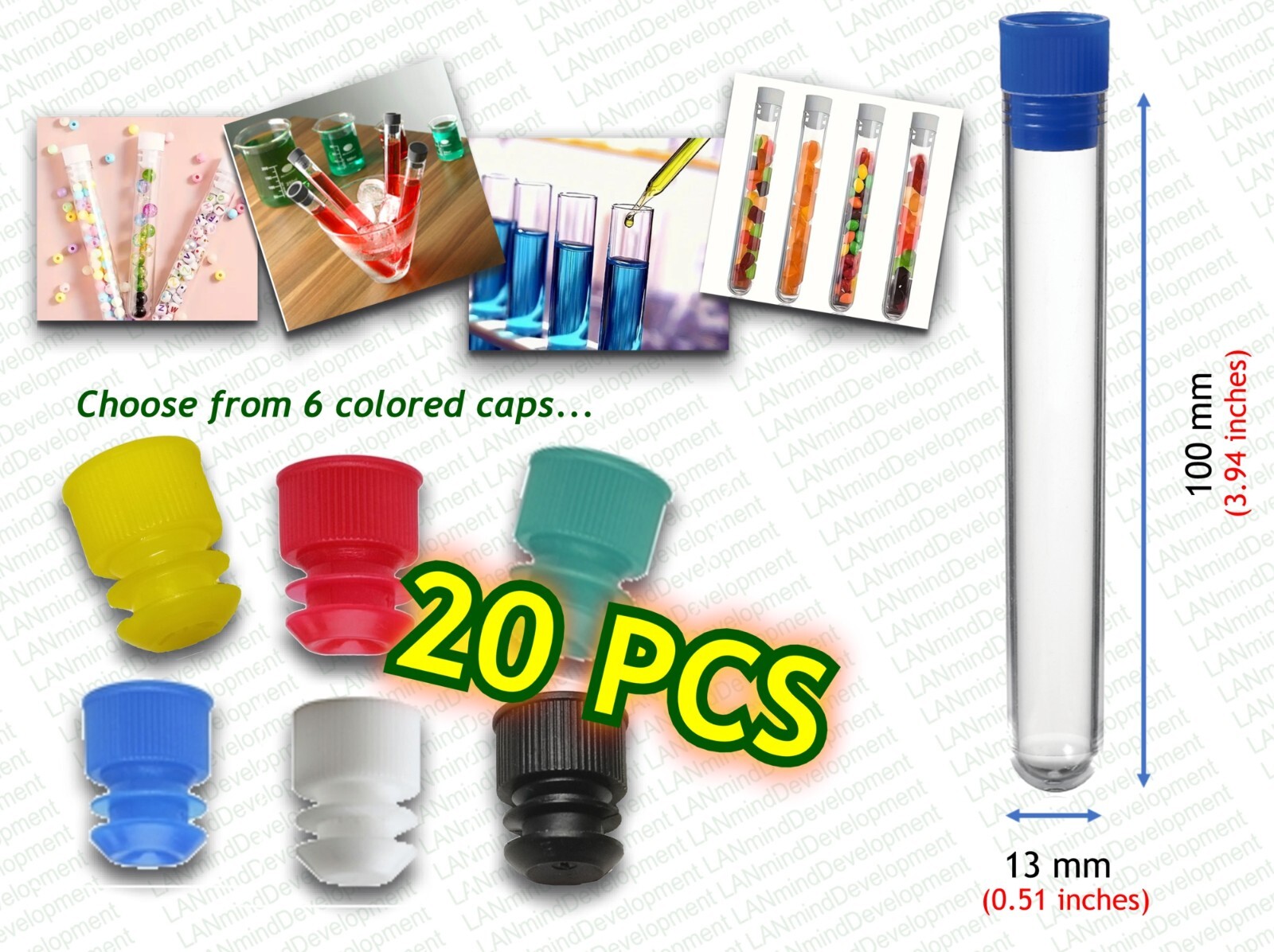 13 x 100 mm – Clear Plastic Test Tubes with Colored Caps – 8ml volume FREE SHIP