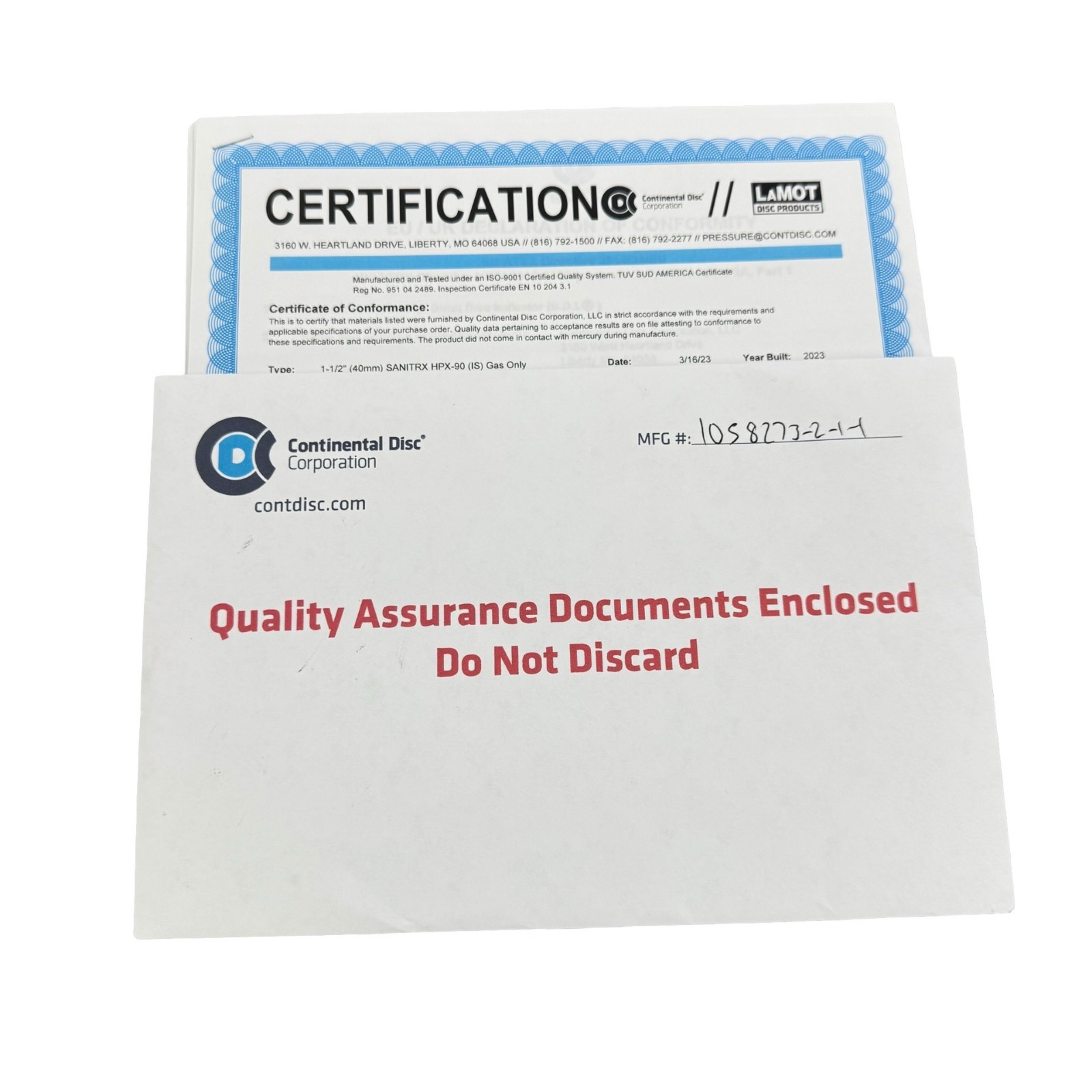 Continental 1-1/2″ (40mm) SANITRX HPX-90(IS)(Gas Only) w/BDI Certificate