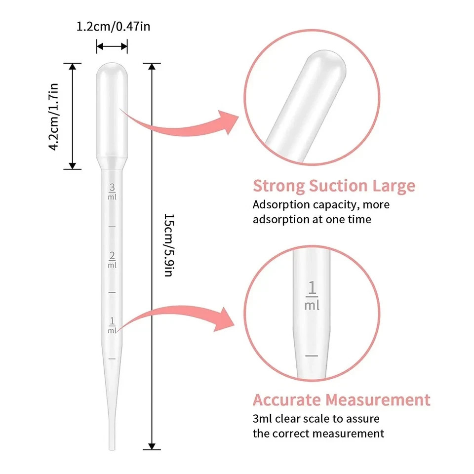100pcs Disposable Plastic Pipettes: 1/2/3/5ml Graduated Transfer Droppers – NEW