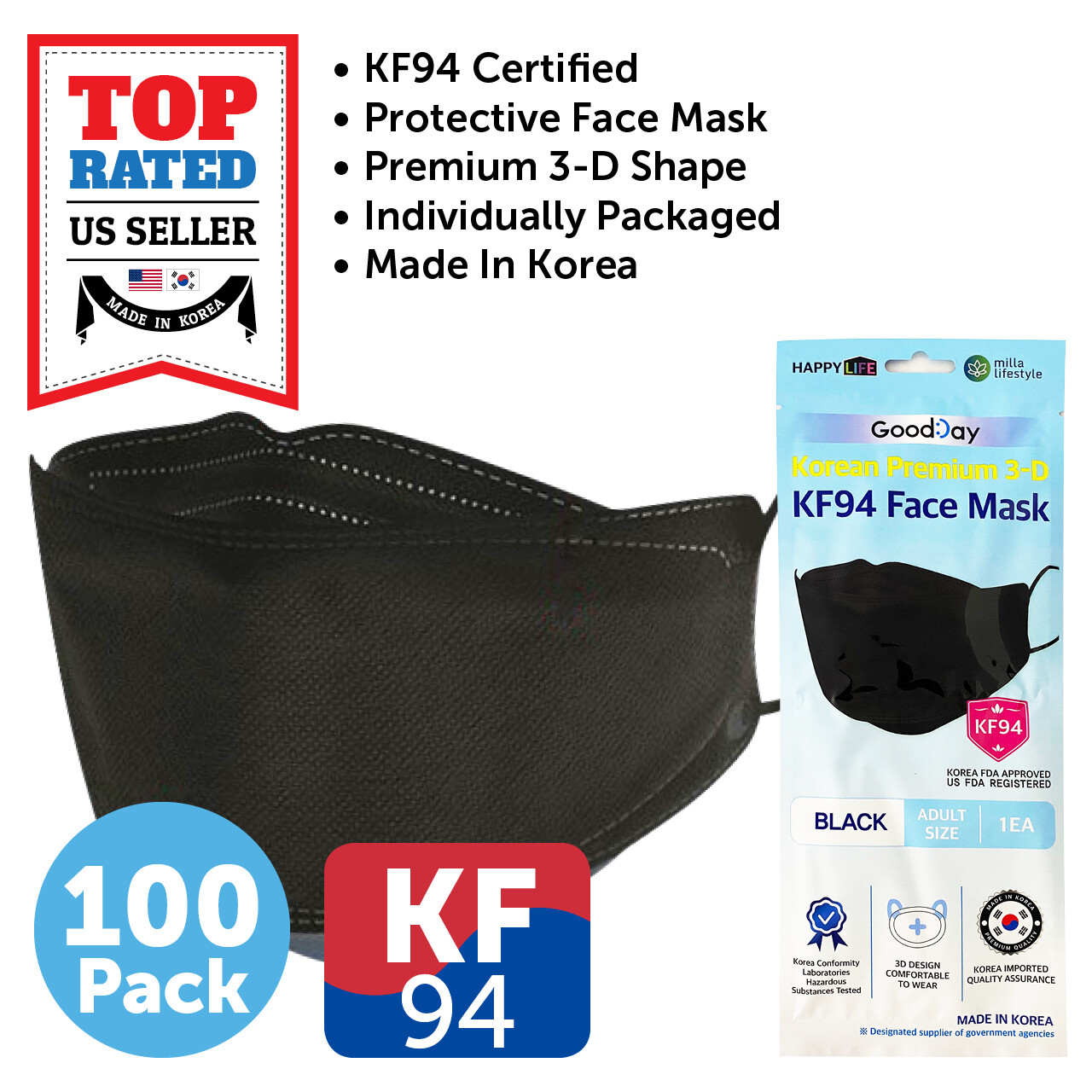 100 PCS KF94 BLACK Protective Safety Face Mask Adult Made in Korea KFDA Approved