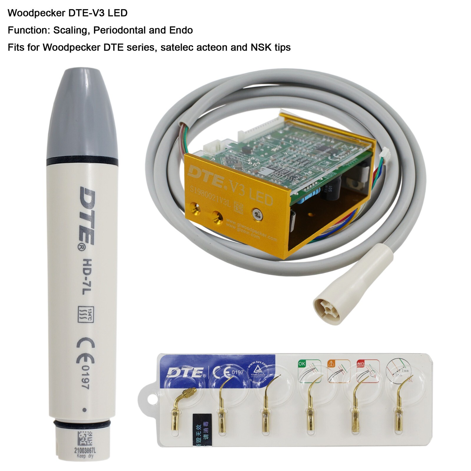 Woodpecker DTE Dental Ultrasonic Scaler Piezo Tips DTE-V2 V3 LED Handpiece HD-7L