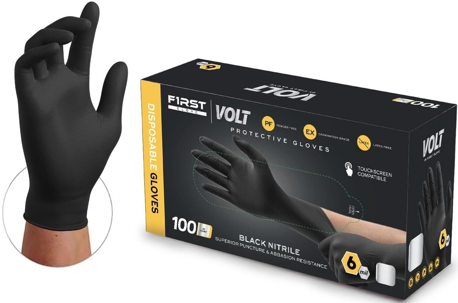 First Glove Volt 6 Mil Black Nitrile Disposable Exam Gloves