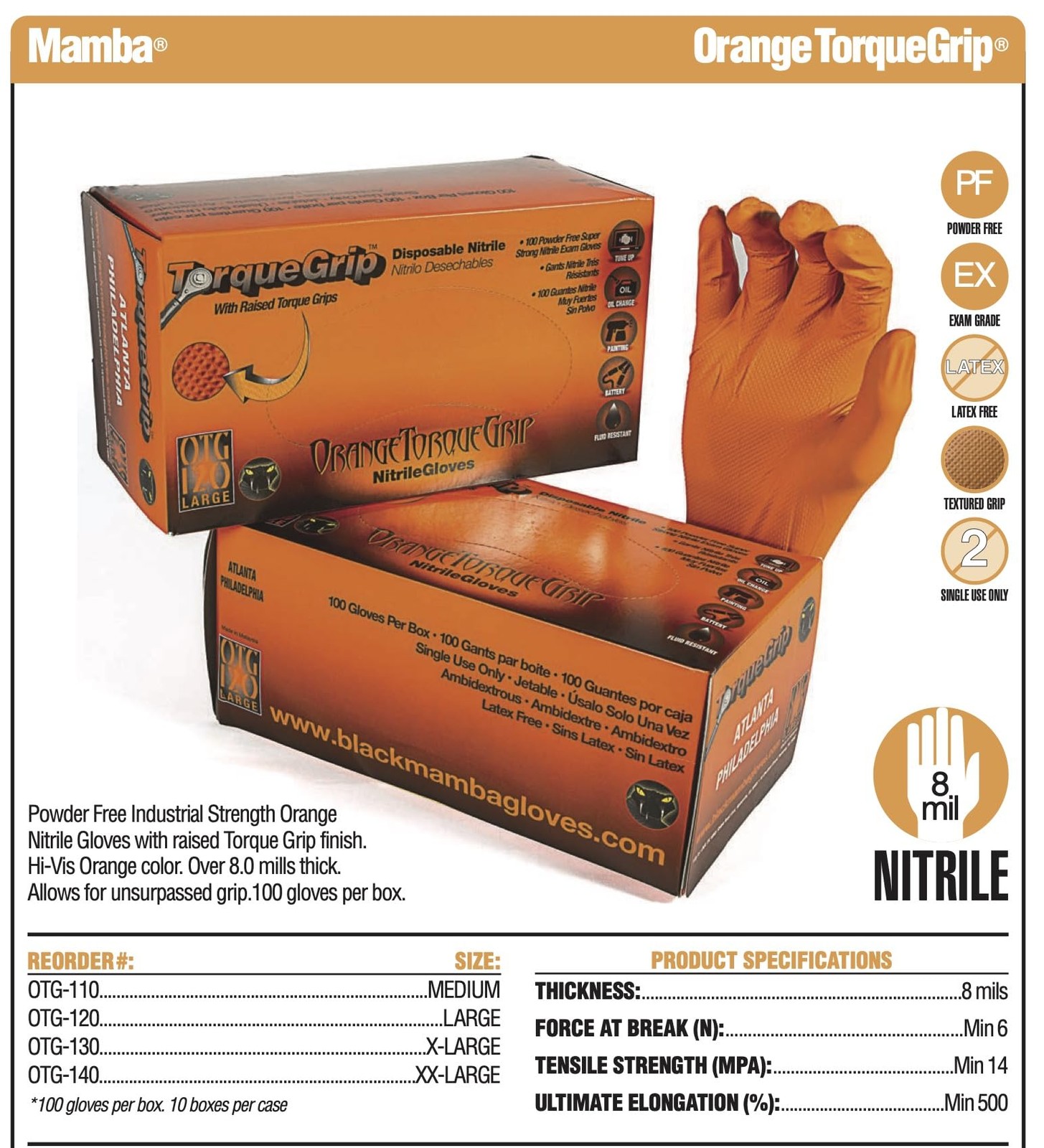 BLACK MAMBA Orange Torque Grip 8-Mil Nitrile, Diamond Textured, Heavy-Duty Di…