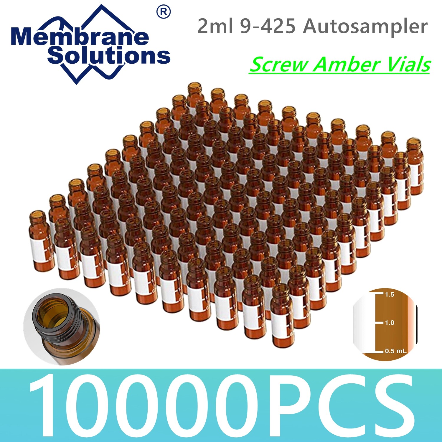 50000x 2ml 9mm HPLC Vials Clear Autosampler Borosilicate Sample Graduation 9-425