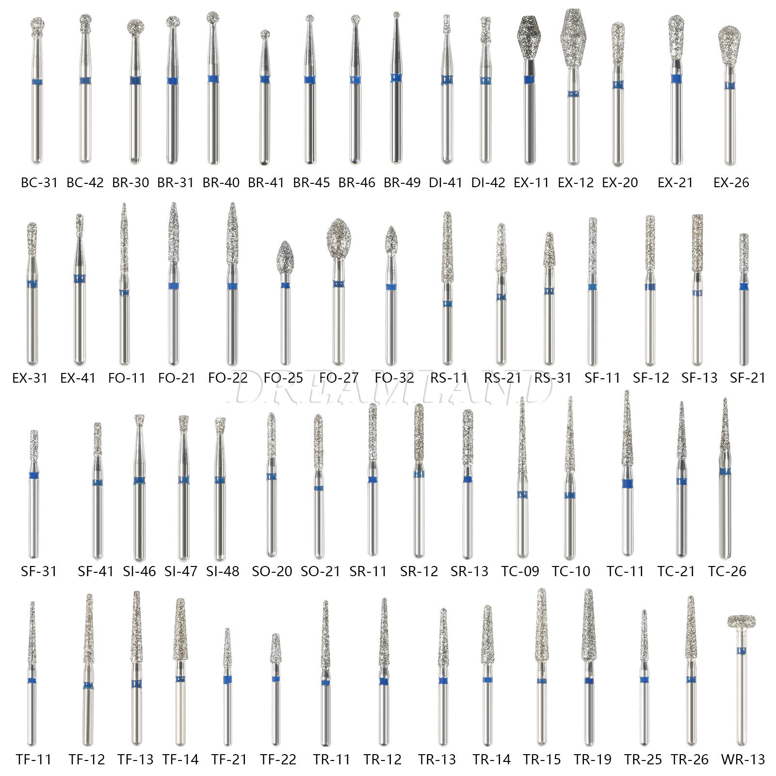 100Pcs 97 Types Dental Diamond Burs FG 1.6mm Drill for High Speed Handpiece