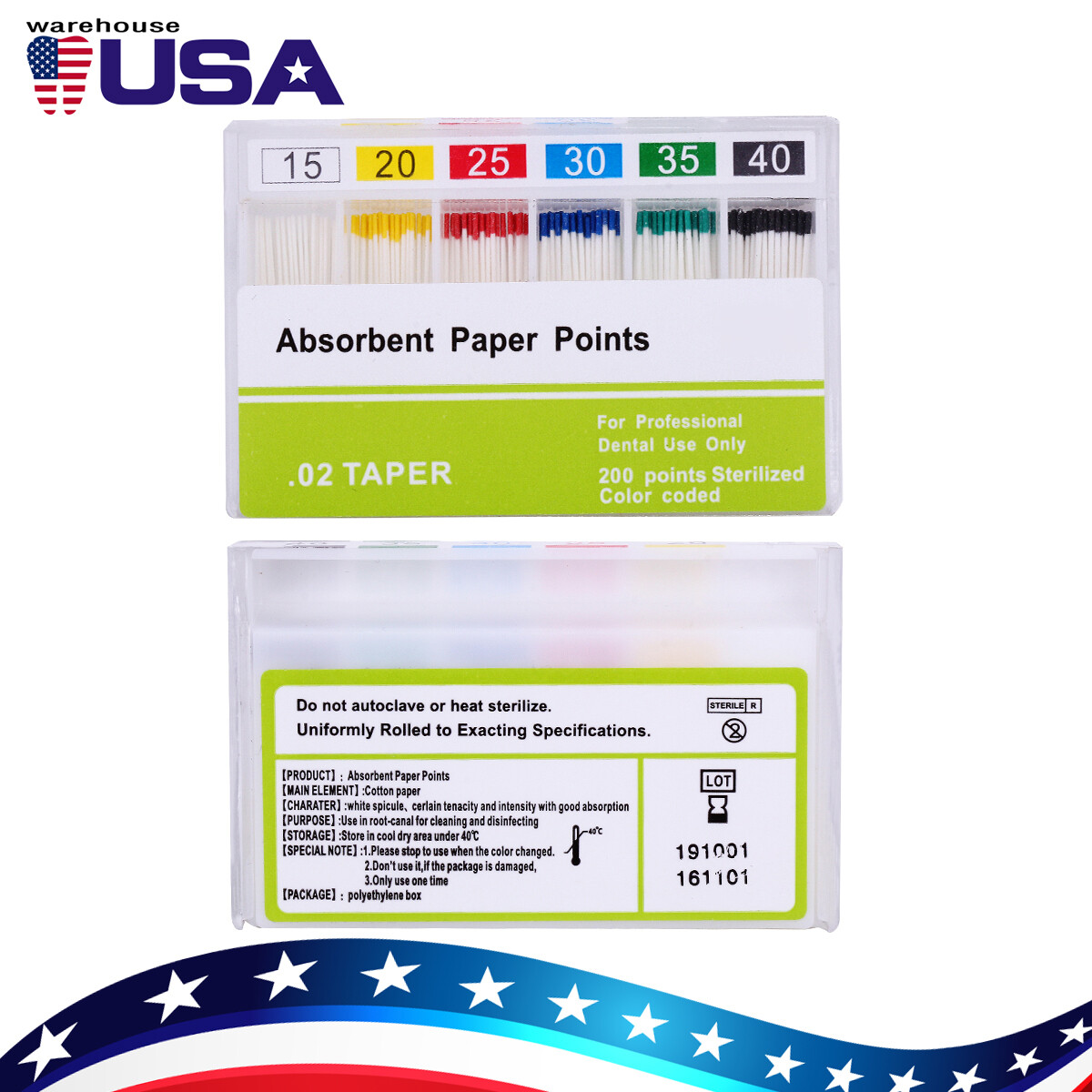 10 Packs Dental Root Canal Absorbent Paper Points Taper 0.02 15-40# Endodontic