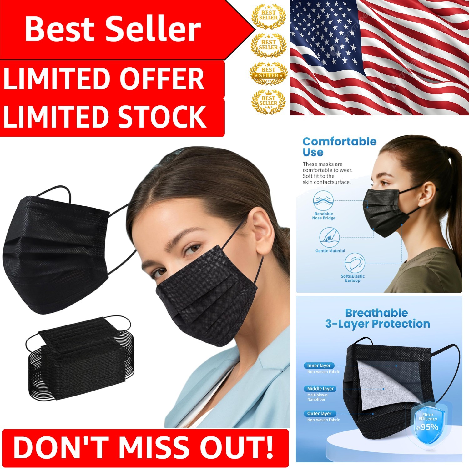 Comfortable Disposable Face Masks – 100 Pcs Black 3 Ply Protection for Everyday