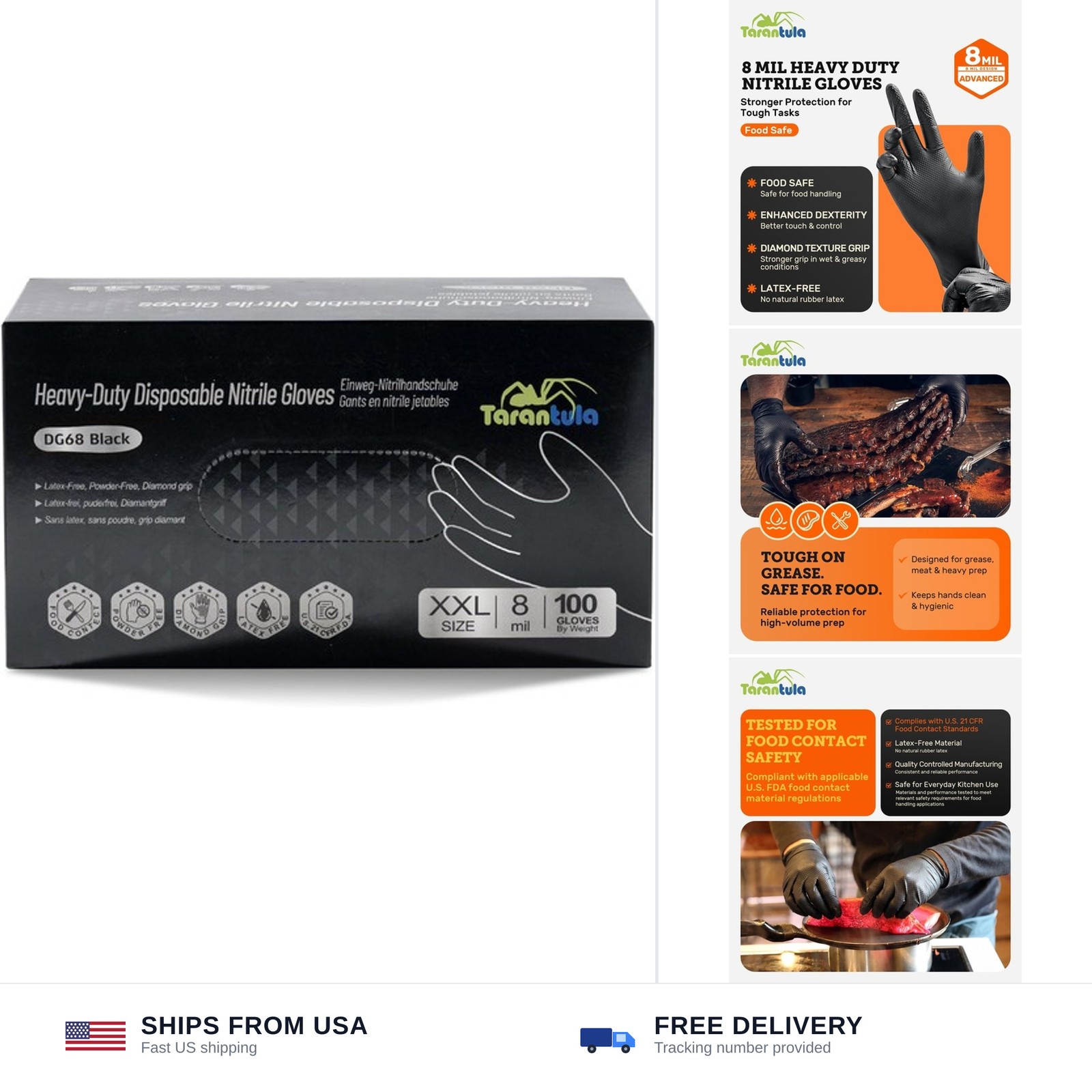 Tarantula 8-mil Disposable Nitrile Gloves, Heavy-Duty Fully Diamond Textured,…