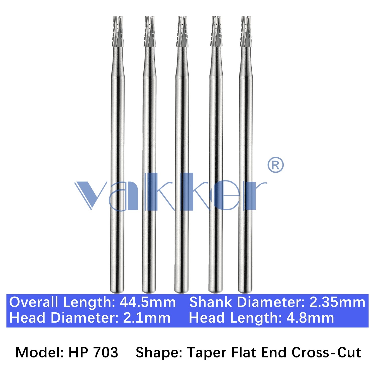 Vakker 5pc Dental HP 703 Carbide Burs Taper Flat End Cross-Cut 2.35mm Shank