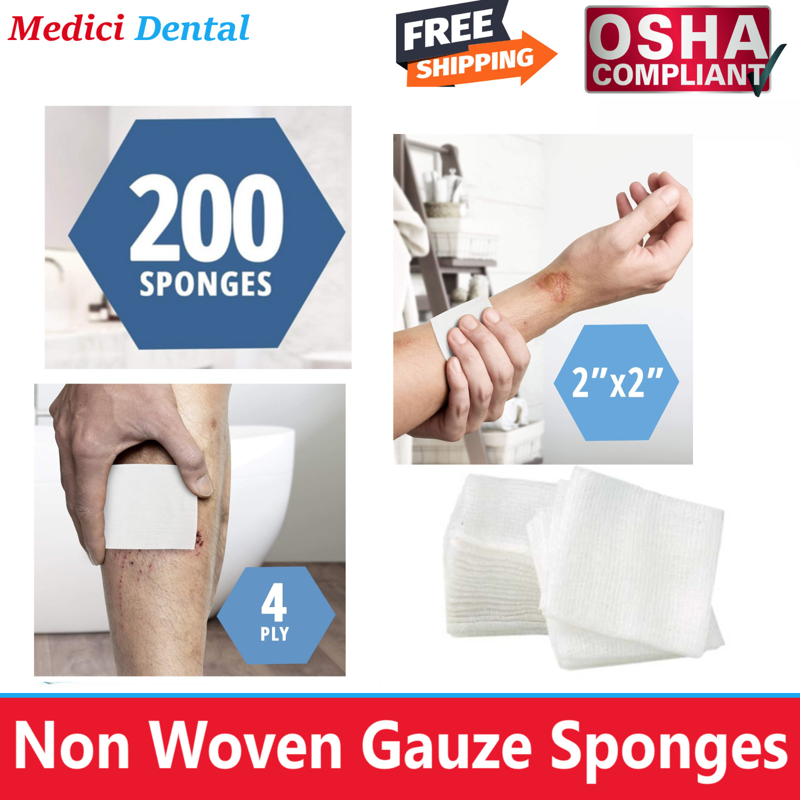 2×2, 3×3, 4×4 Non Woven Sponges 4-Ply, 8 – Ply, 12-Ply, Cotton Gauze 200-4000/Bx
