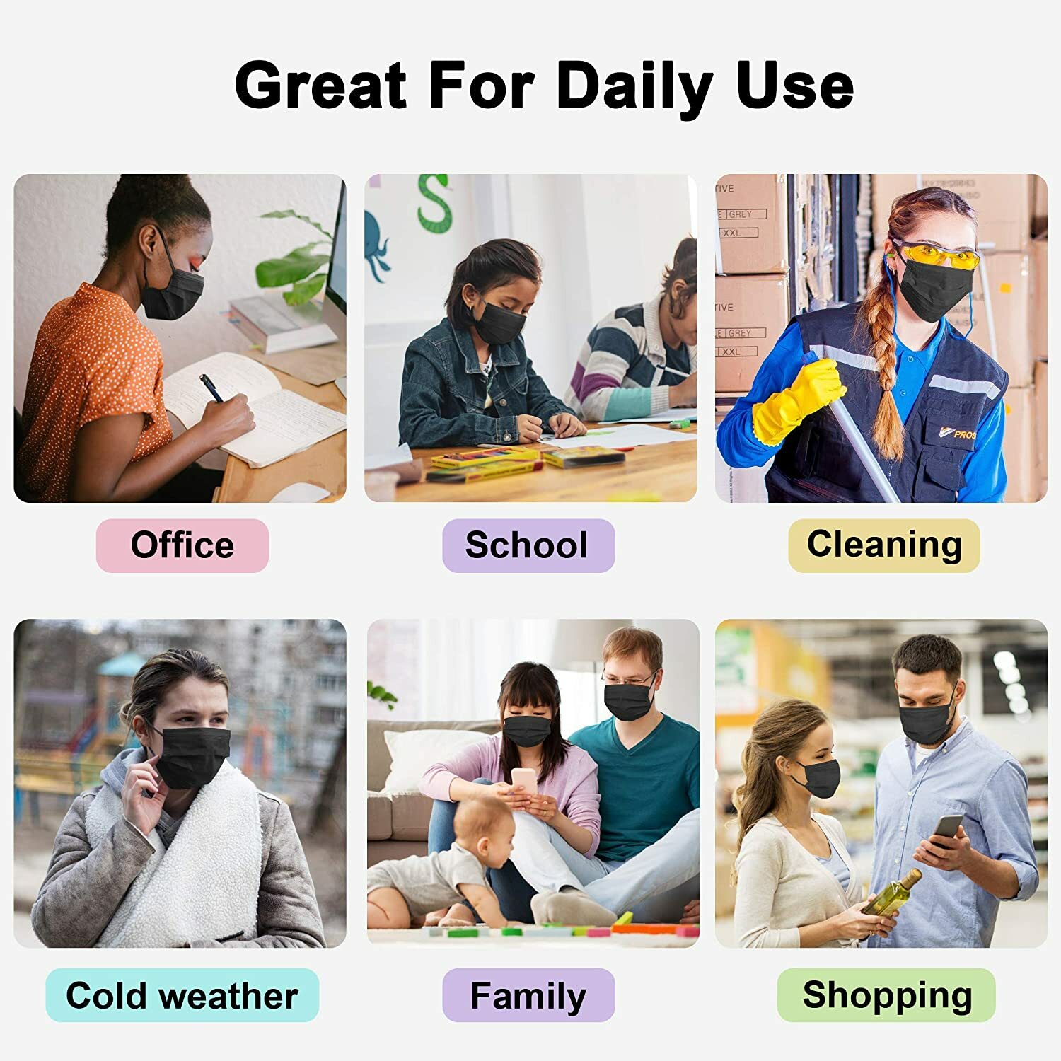 50 PCS Black Face Mask Mouth & Nose Protector Respirator Disposable Masks Black