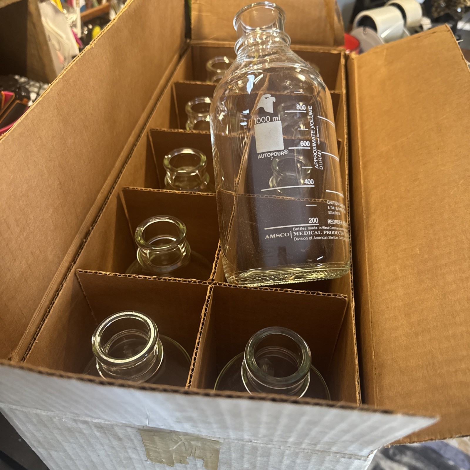 Glass Sterile Bottles Lot 10 AMSCO Autopour NC608 1000ml NEW Germany Vintage
