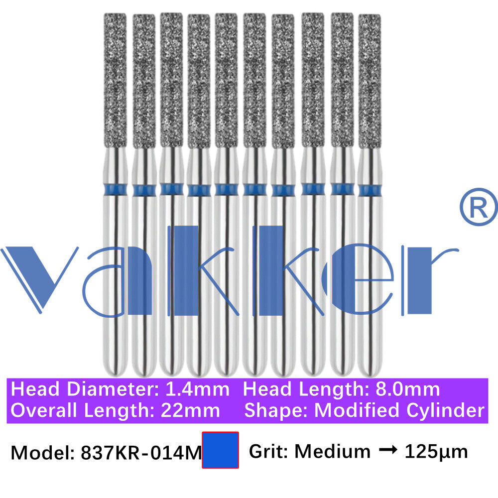 Vakker 10pc Dental Diamond Burs Shape Flat & Round End Modified Cylinder Bur