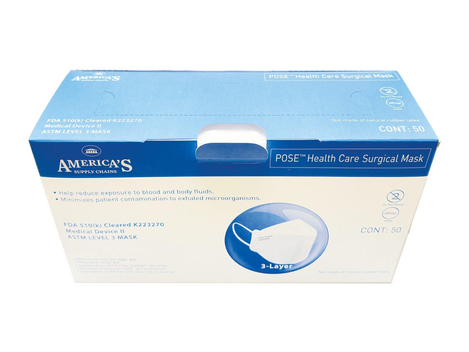 (50pcs) America’s Supply Chains Disposable Facemask ASTM Level 3 FDA Cleared