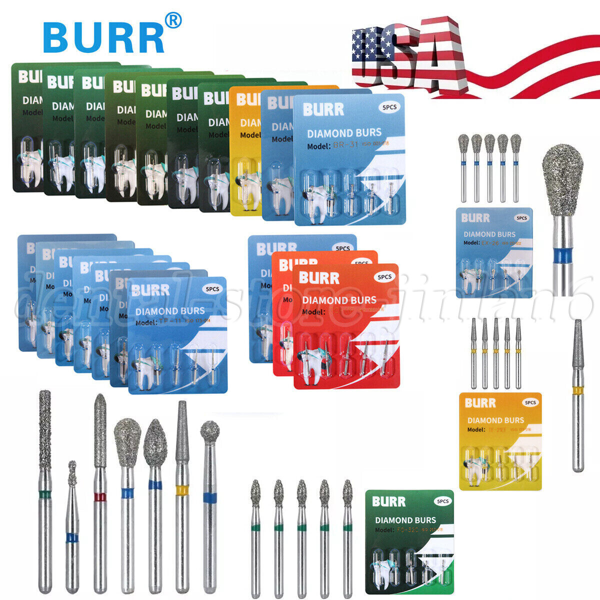 100pcs Dental Diamond Burs FG 1.6mm 20 Types for High Speed Handpiece Tubine