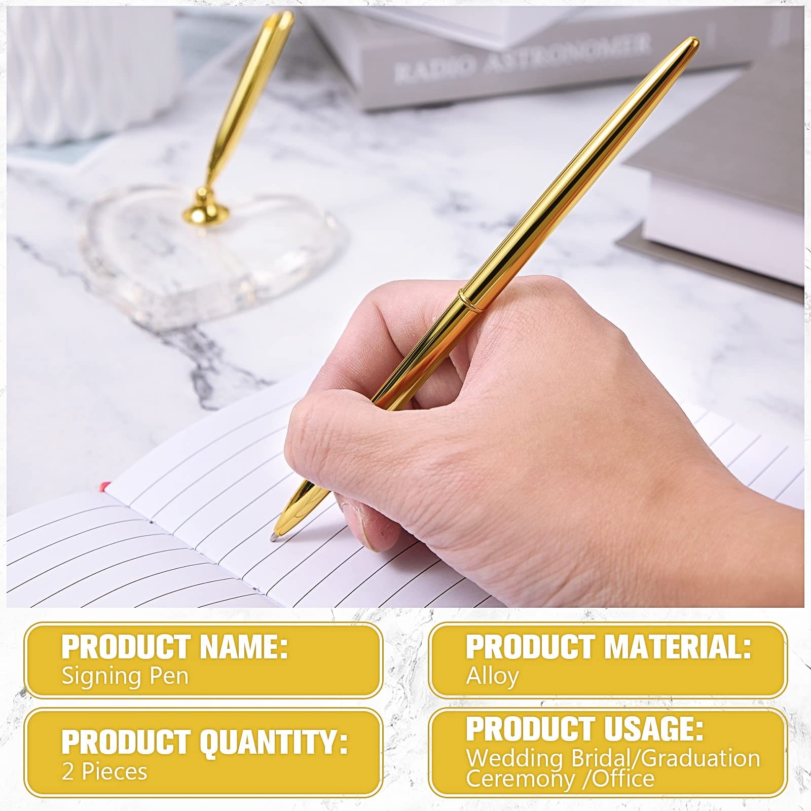 Outus 2 Pcs Wedding Pens Set For Guest Book Acrylic Heart Pen Holder Stand Gold