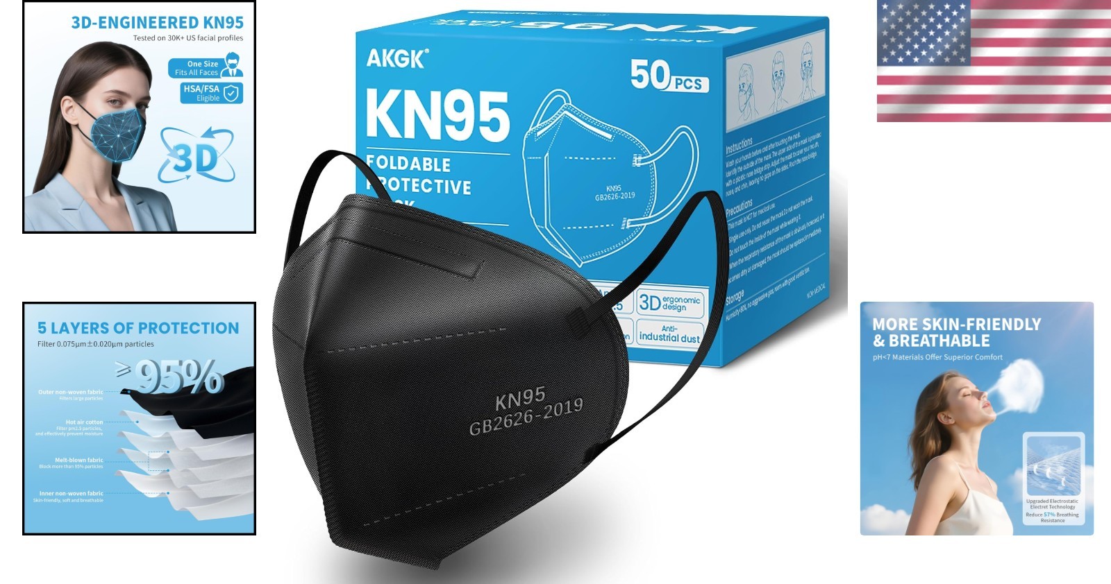 Comfortable KN95 Black Masks – 50 PCS Disposable, 95% Filtration Efficiency