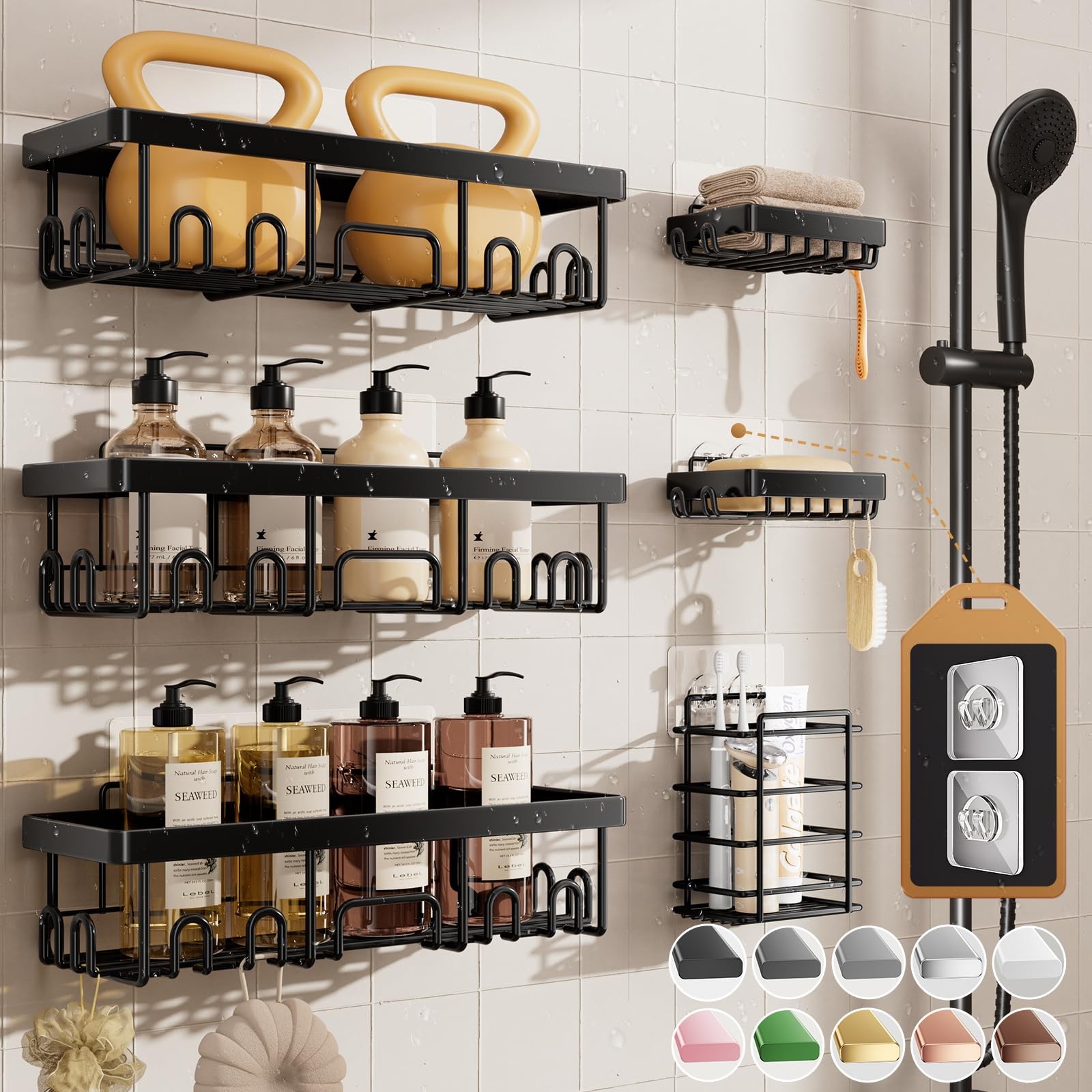 Veken Shower Caddy 6-Pack – Rustproof, No Drill Adhesive Shelves + Soap Holder