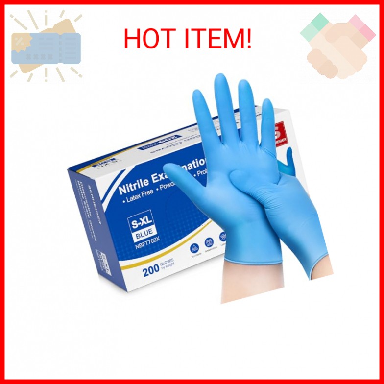Schneider Nitrile Exam Gloves, Medium, 200-ct Box, 4 mil, Blue, Powder Free, Lat