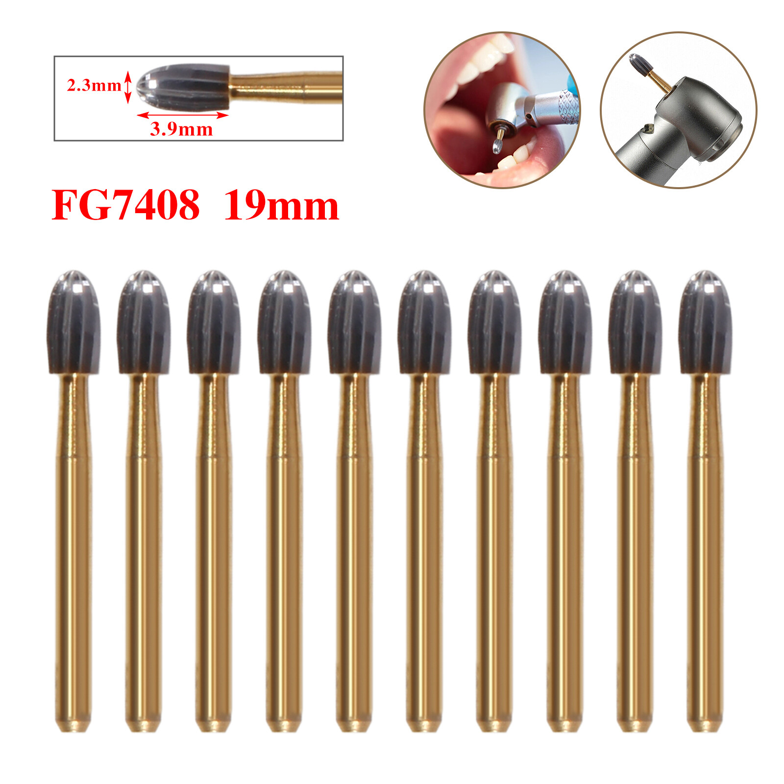10/20Pcs Dental Tungsten Carbide Bur Trimming and Finishing Egg Football FG7408