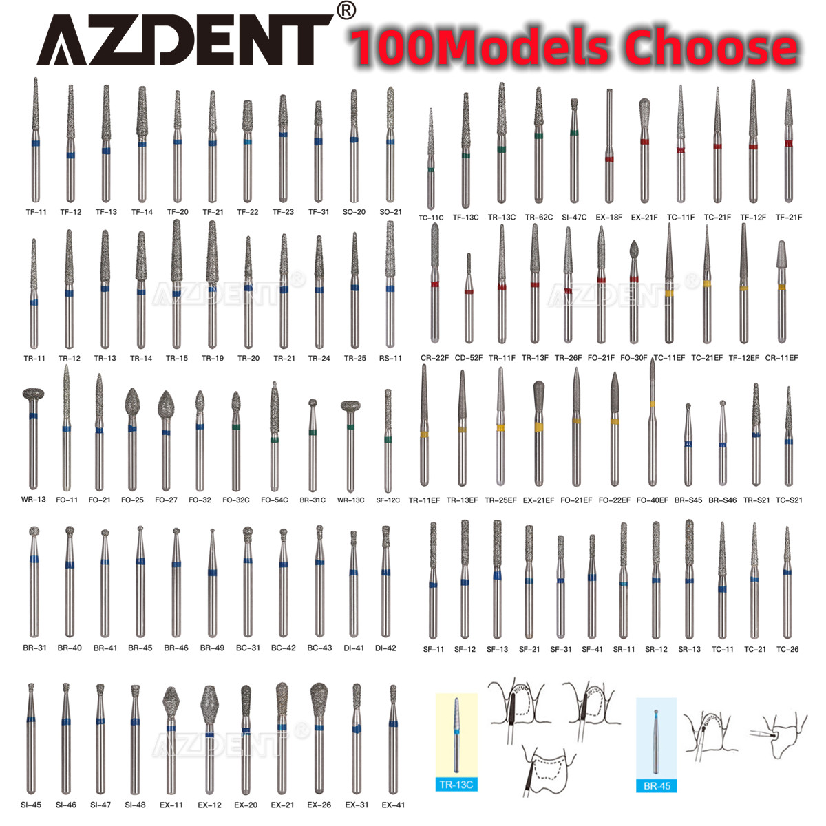 AZDENT Dental FG Diamond Burs Fit For High Speed Handpiece Friction Grip 1.6mm
