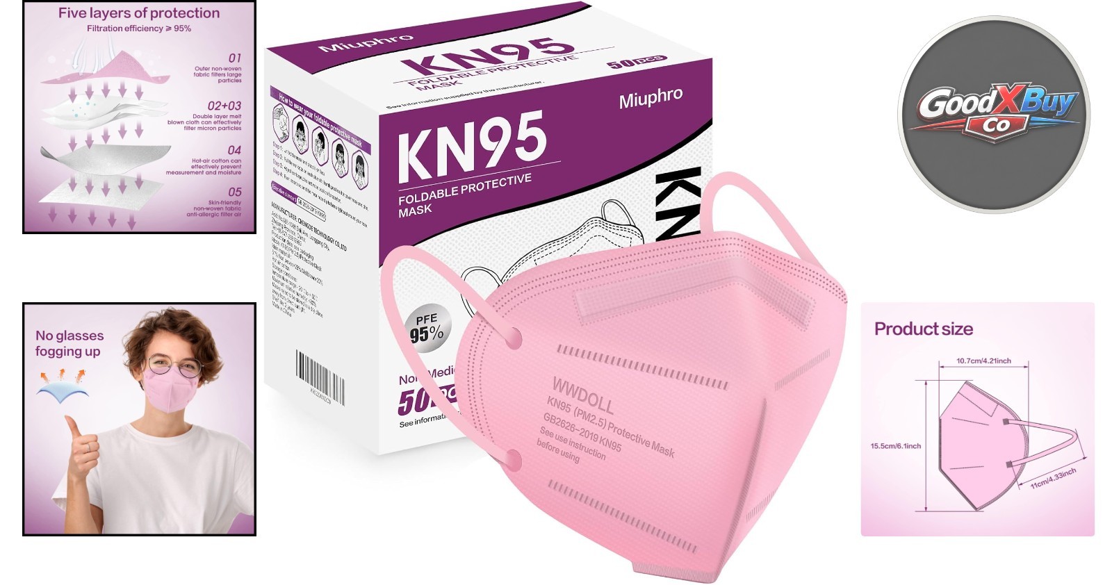 50 Pack Pink KN95 Masks Disposable 5-Layer Foldable Safety Masks