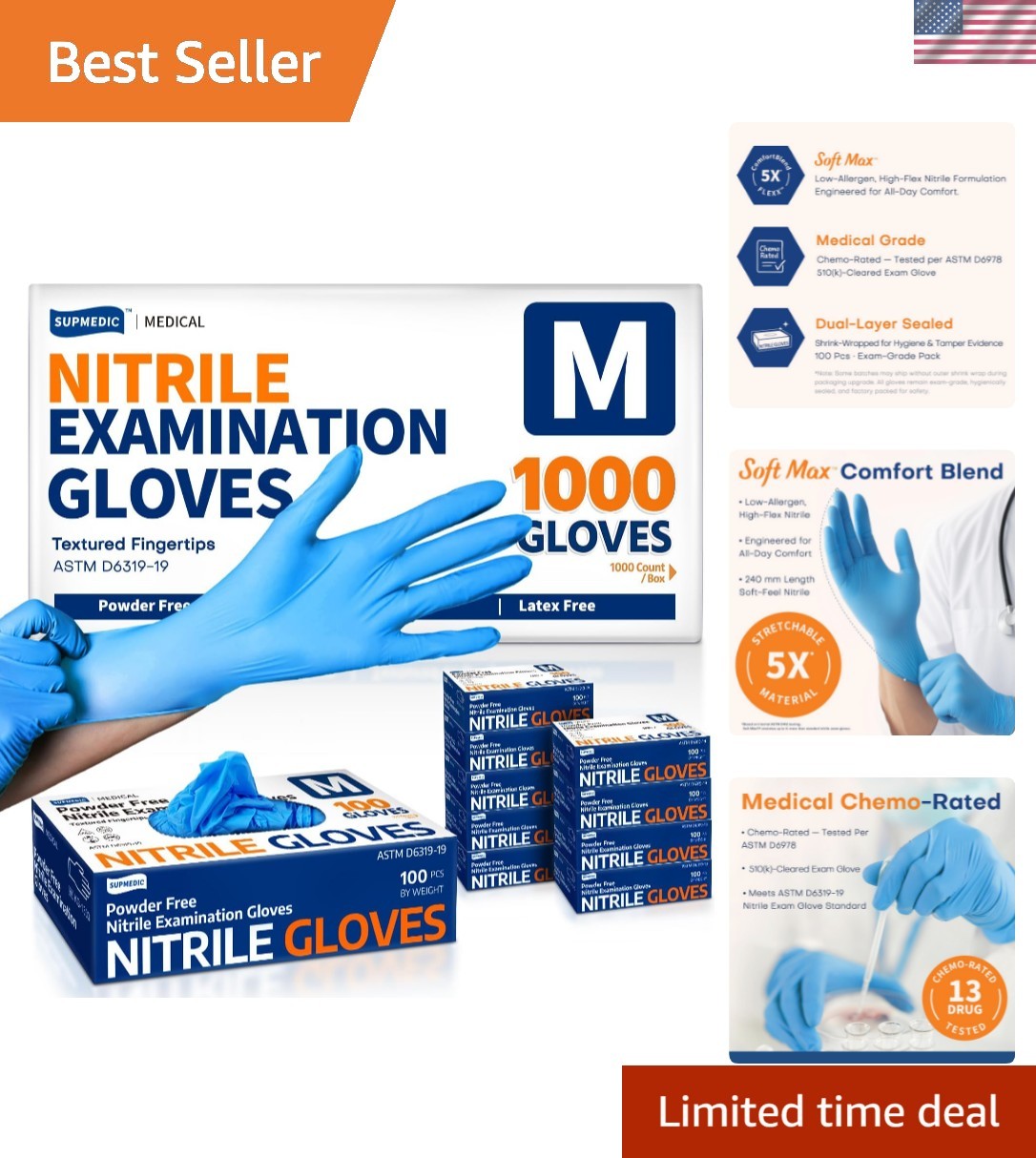 Medical Soft Max Nitrile Exam Gloves, 1000 Pcs Latex-Free Powder-Free Food Sa…