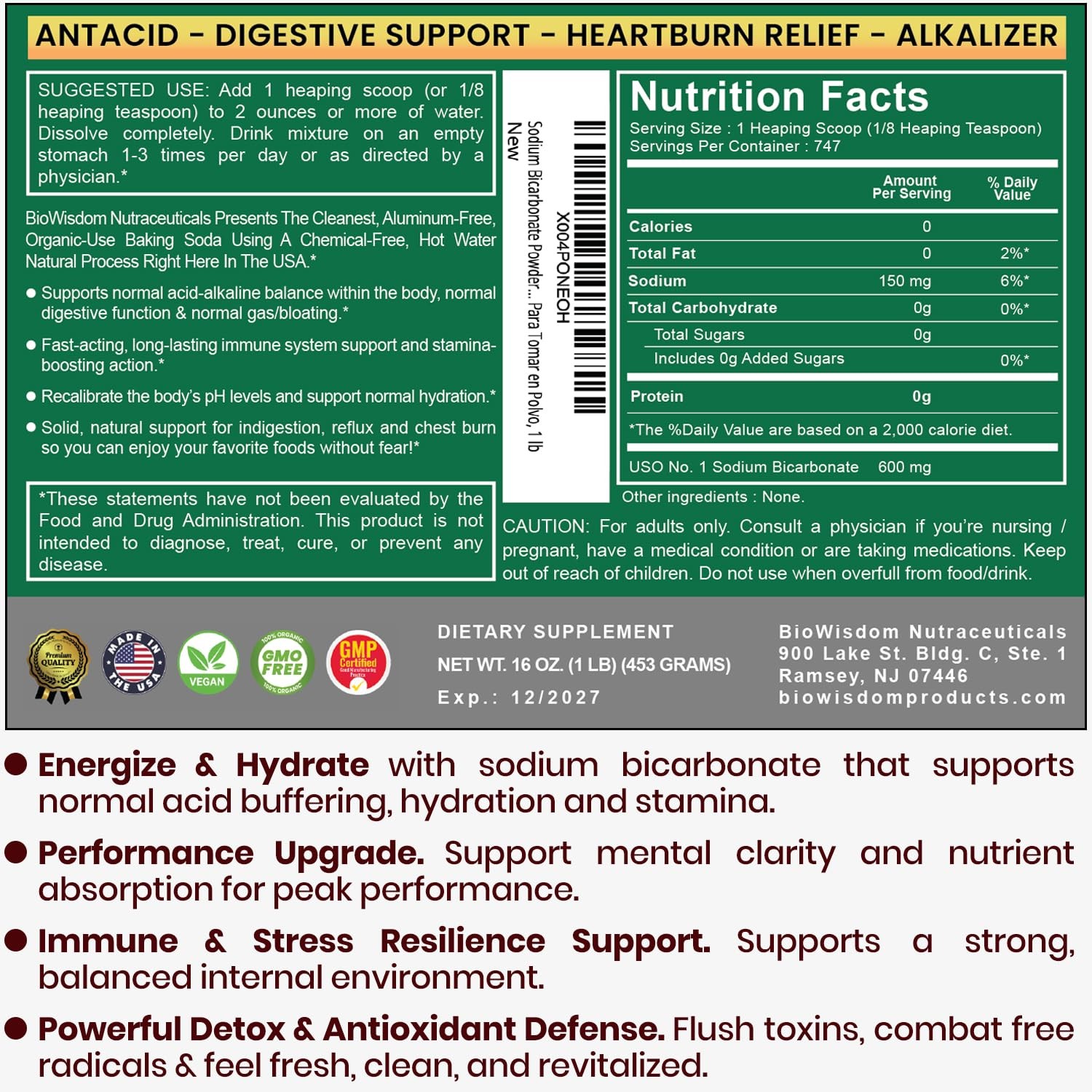 Sodium Bicarbonate Powder for Organic Use, Grade 1 16 Ounce (Pack of 1)