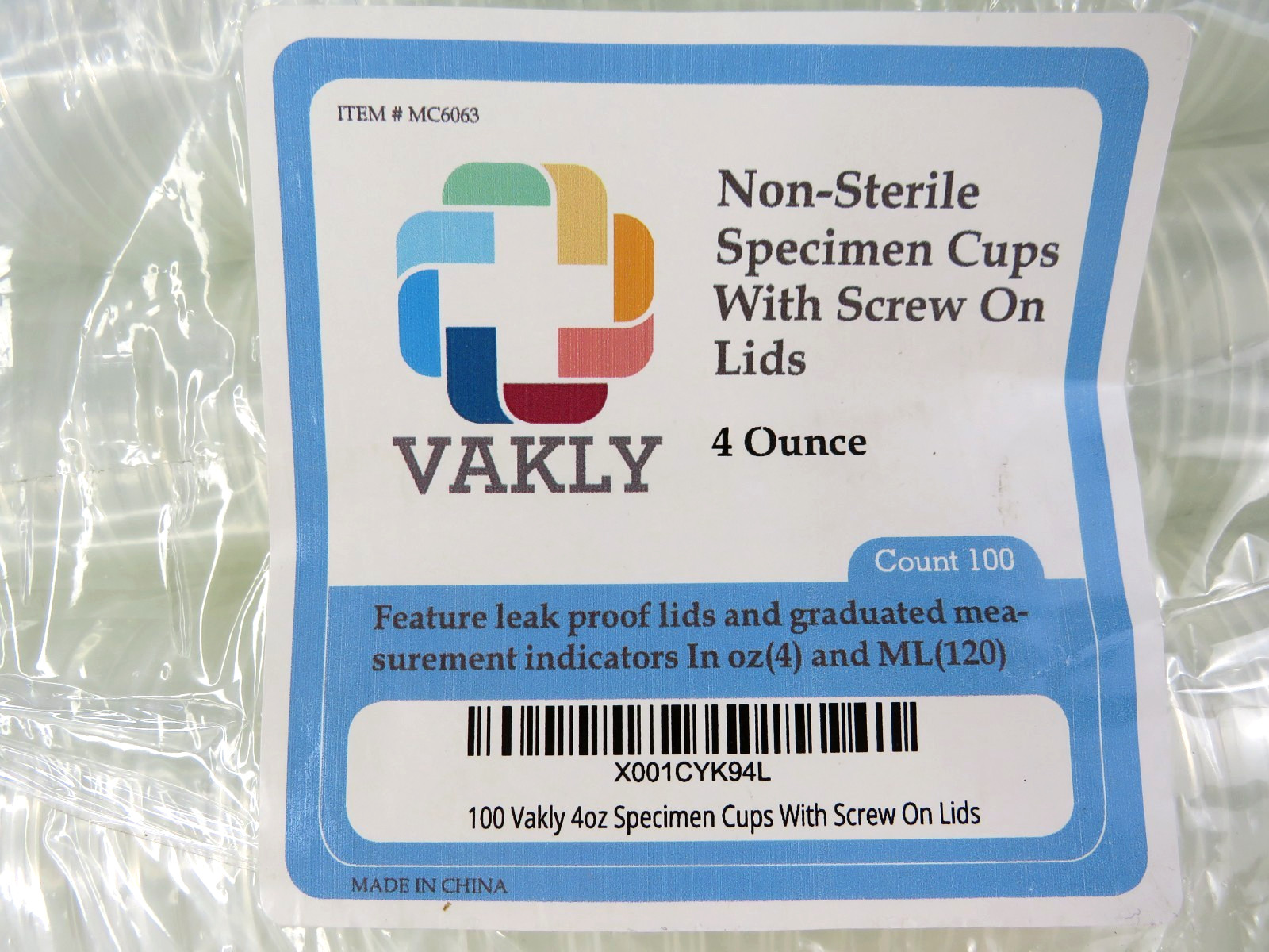 100 Vakly 4 Ounce Non-Sterile Specimen Cups With Screw On Lids