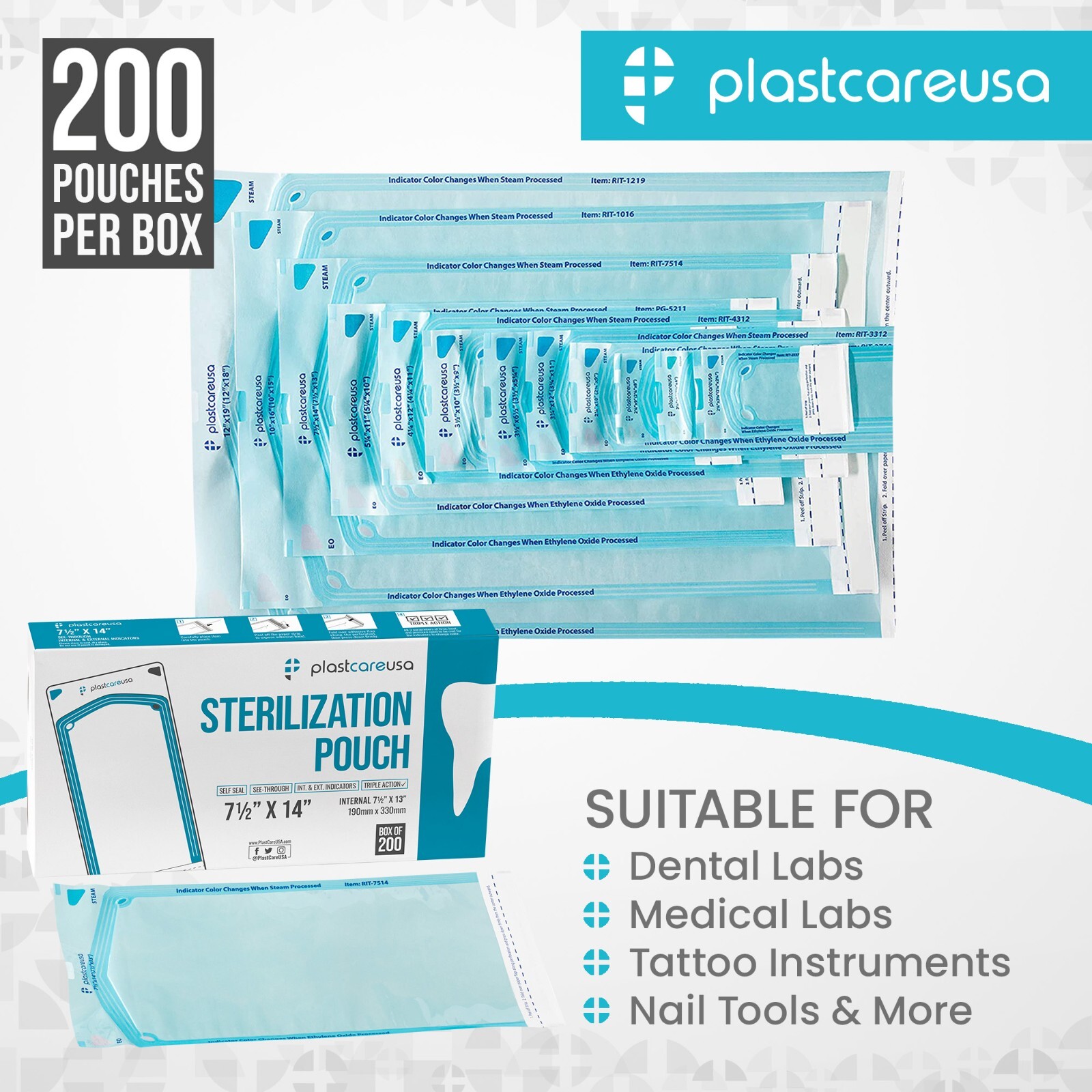 7.5″ x 13″ Self-Sealing Sterilization Pouches for Autoclave (1 Box of 200)