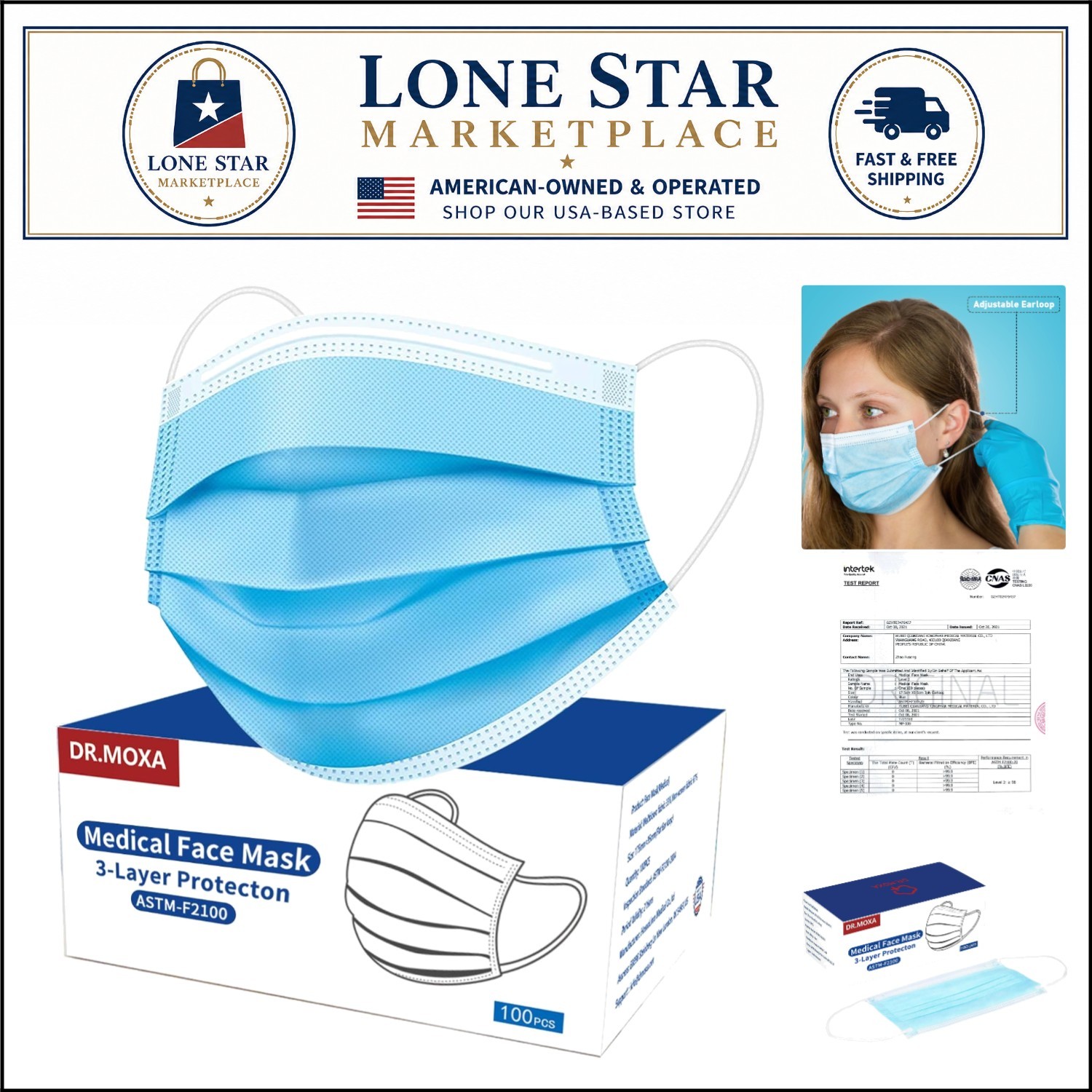Efficient 3-Ply Blue Disposable Masks – ASTM Level 2, 100 Count, High Filtration