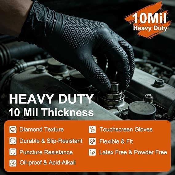 10mil Nitrile Gloves Thick,Industrial Disposable Gloves with Diamond Textured,He