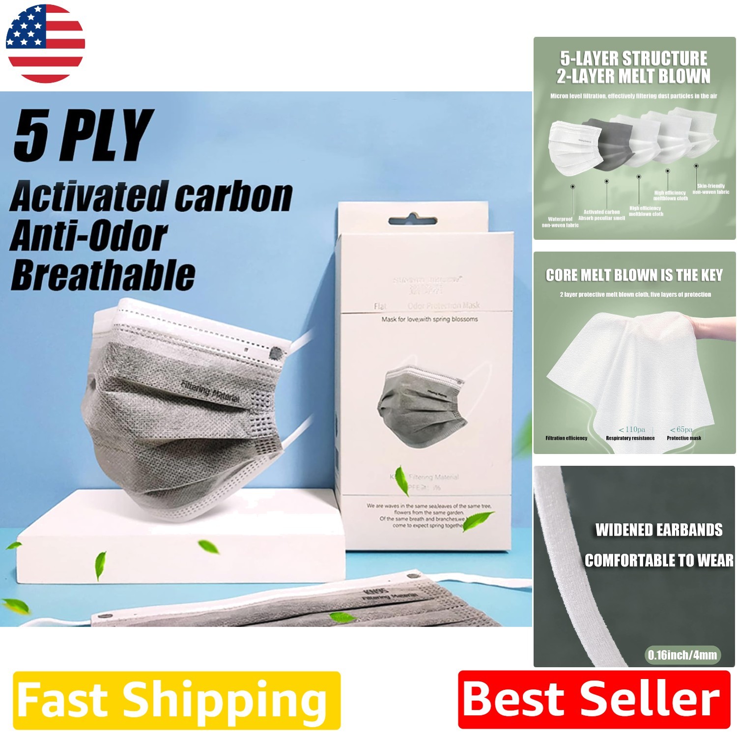 Adult Grey 5-Ply Disposable Face Masks | Breathable Filter | 100 Pcs Comfort Fit