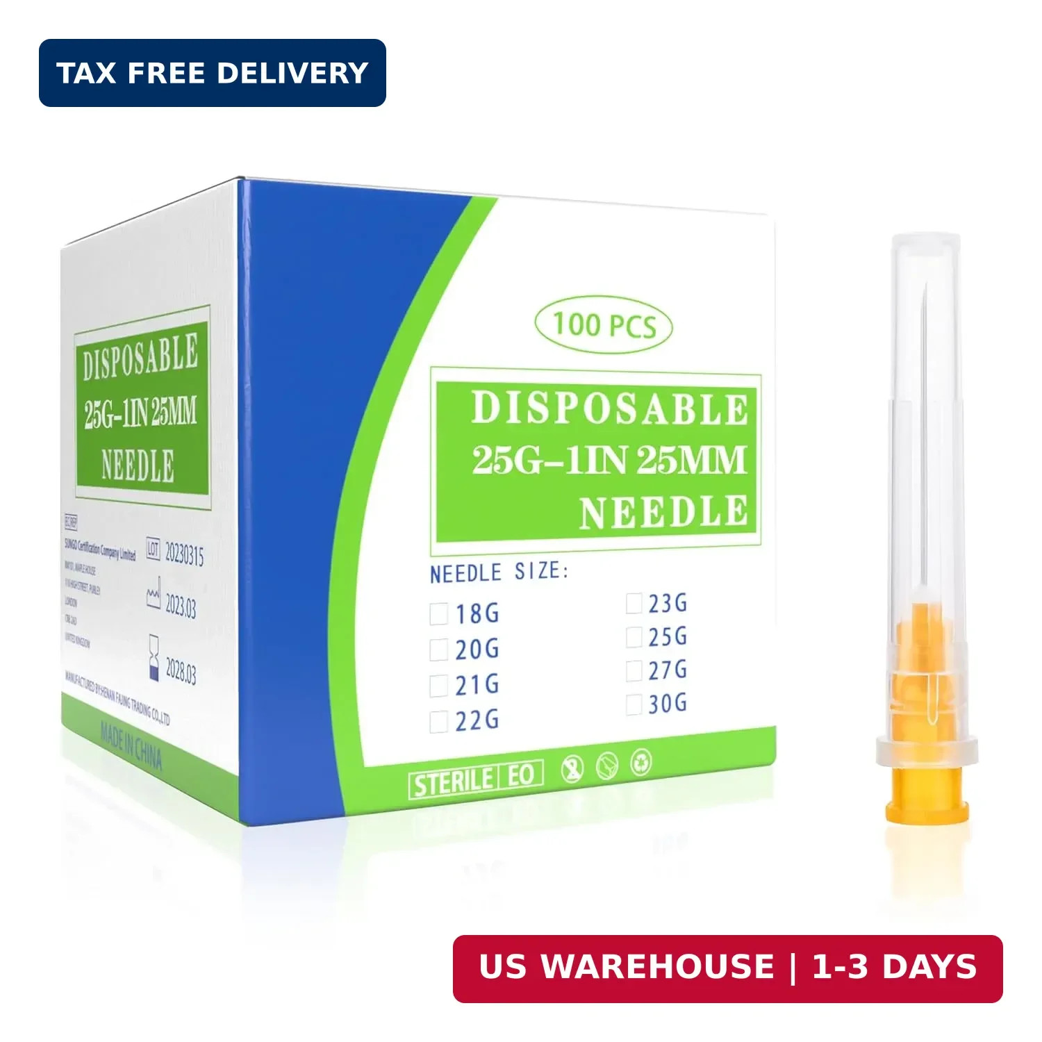 25G 1 inch Lab Dispensing Luer Lock Needles with Caps, Disposable Sterile Wrappe
