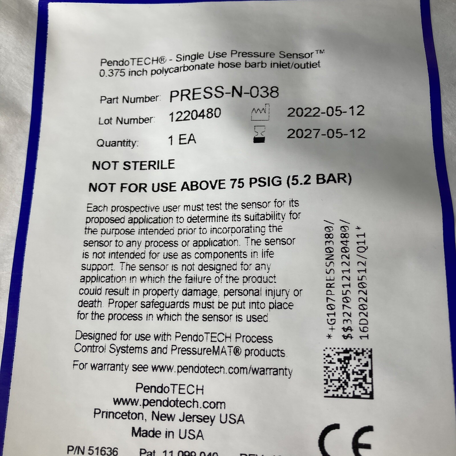 PendoTECH PRESS-N-038 Pressure Sensor – Single Use – 3/8″ Barb