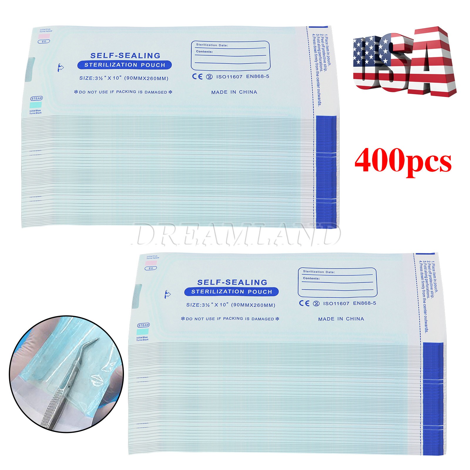 400 Self-Sealing Sterilization Pouch Bag, 3.5″ x 10″, Dental Tattoo (2 Boxes)
