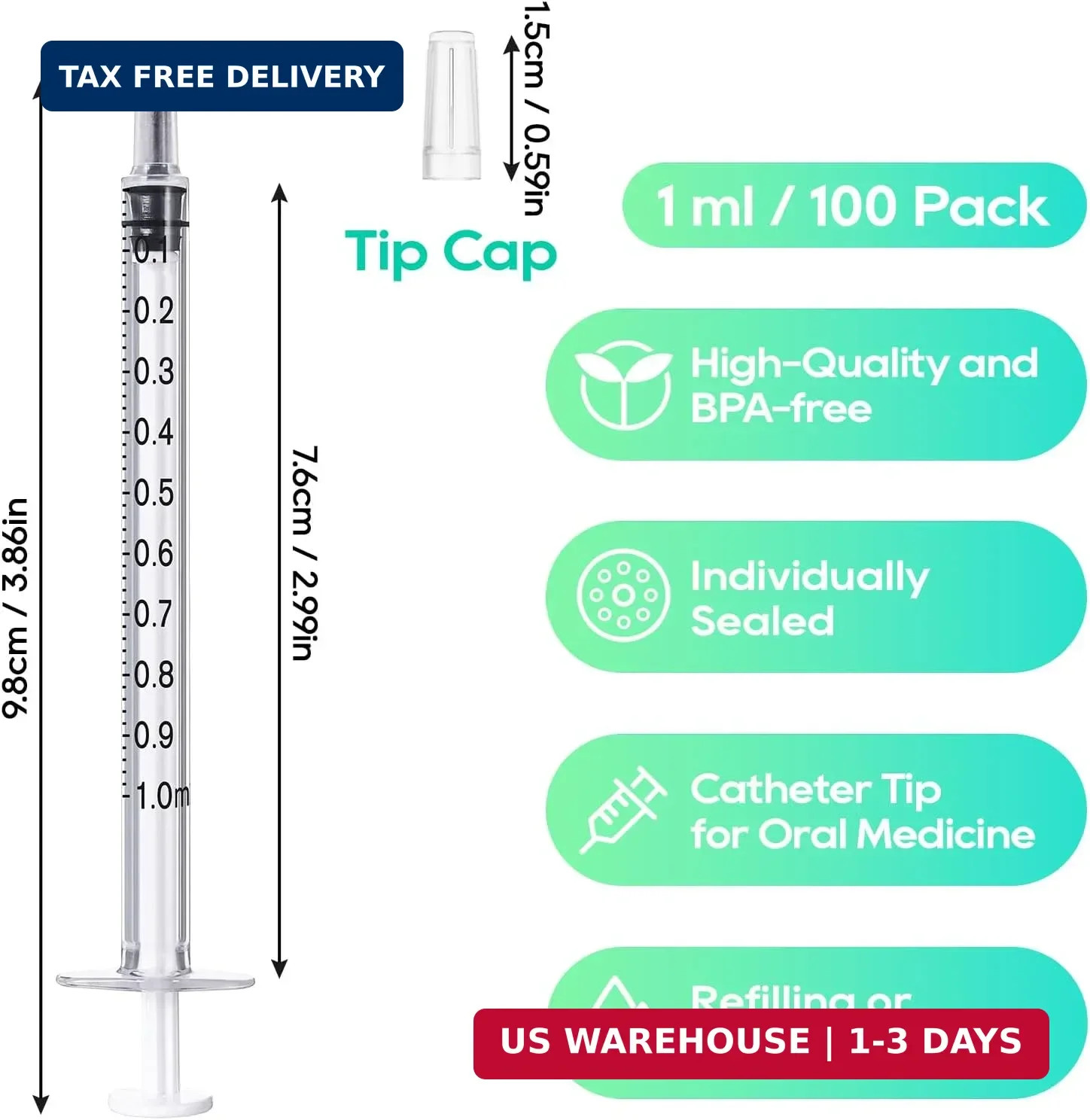 100 Pack 1Ml Syringes with Caps, 1Cc Syringe Needleless, Small Oral Syringe with