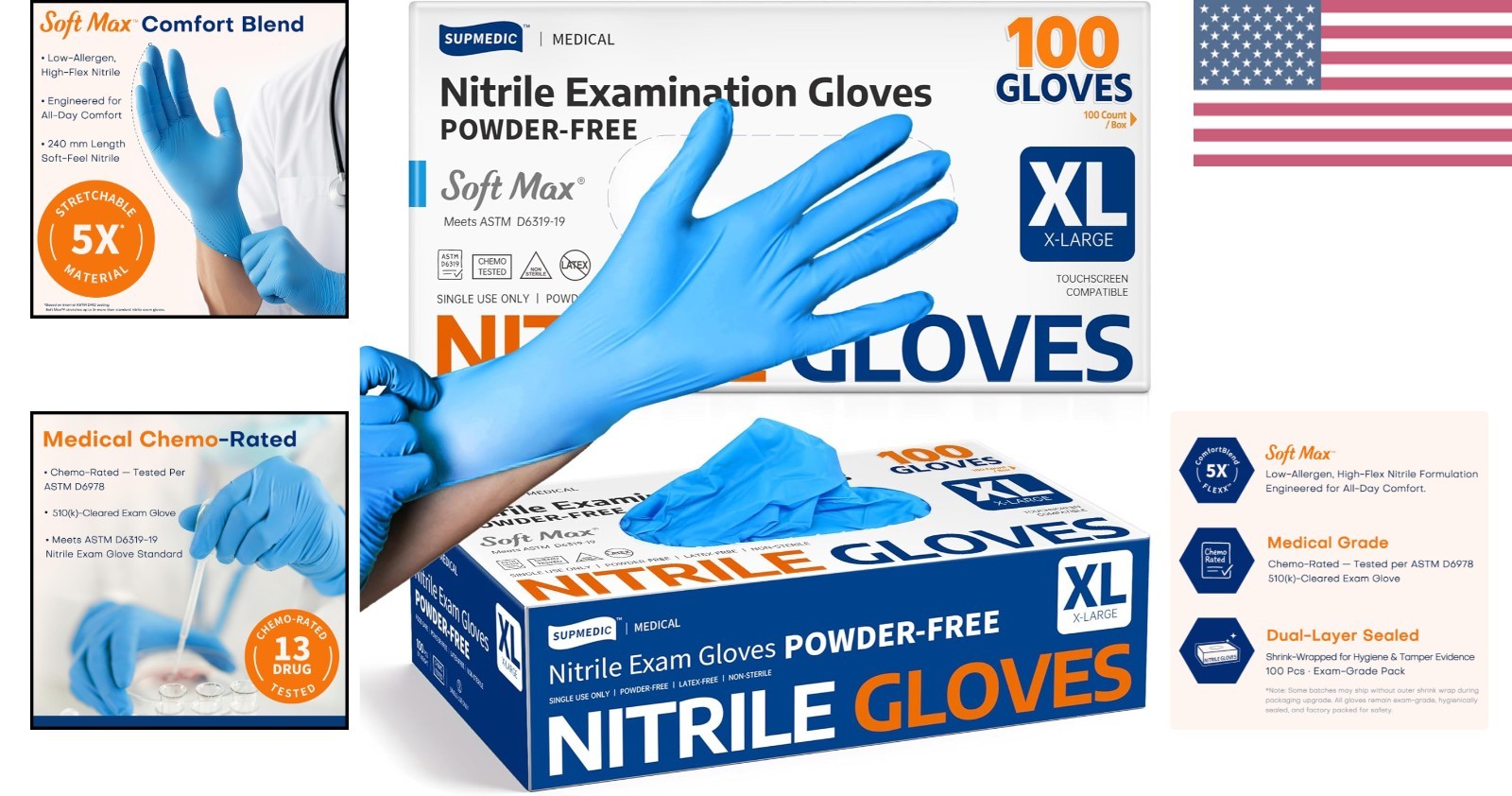 Medical Soft Max Nitrile Exam Gloves, 100 Count Latex-Free Powder-Free Non-St…