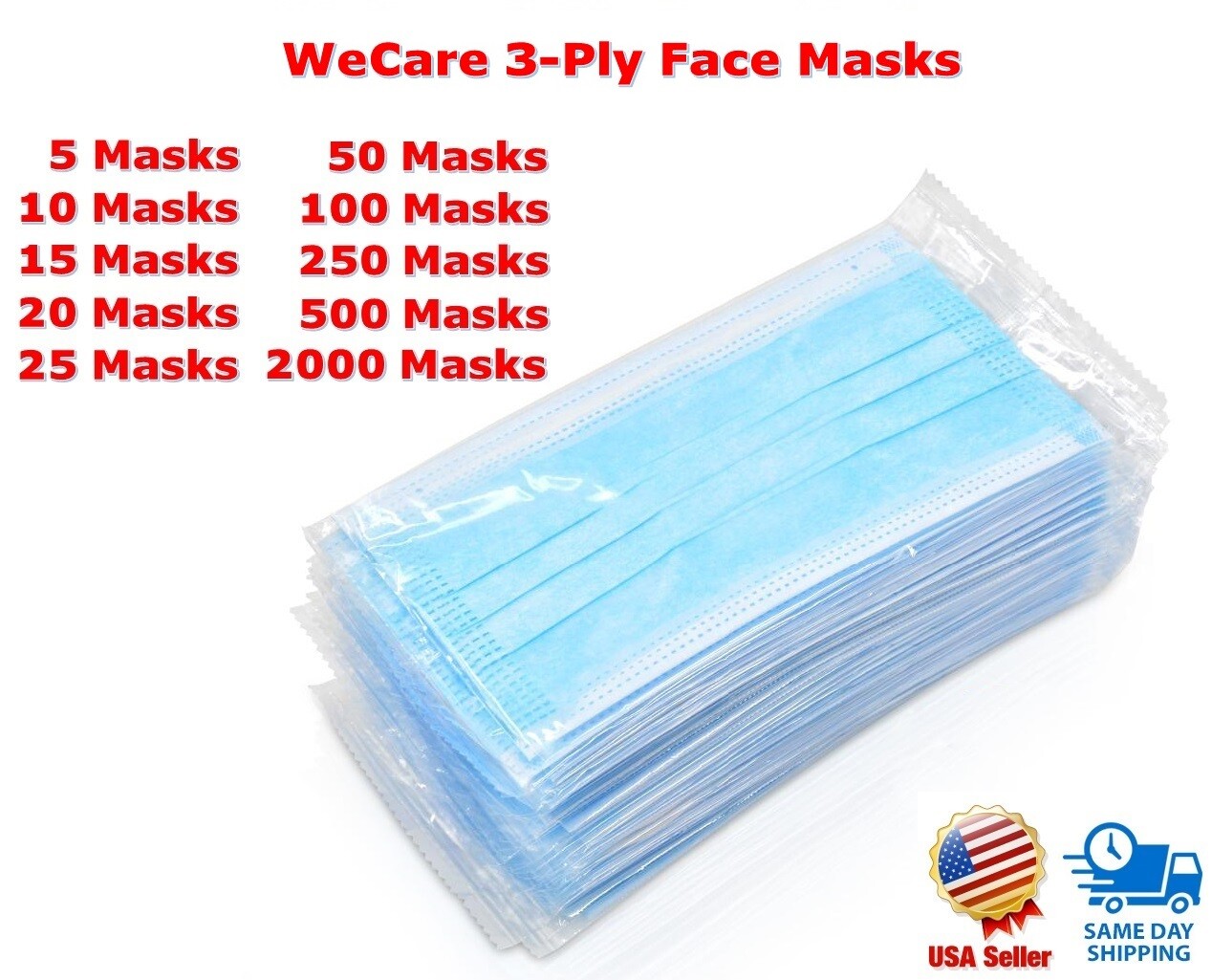 All Package Quantities of 3-Ply Protective Face Masks for Everyday Use – Sealed